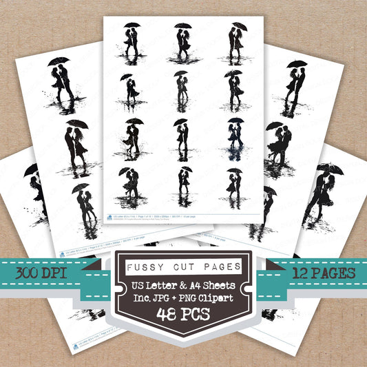 Couple Silhouette Dancing in Rain fussy cut printable sheets for junk journaling, scrapbooking, and paper craft projects