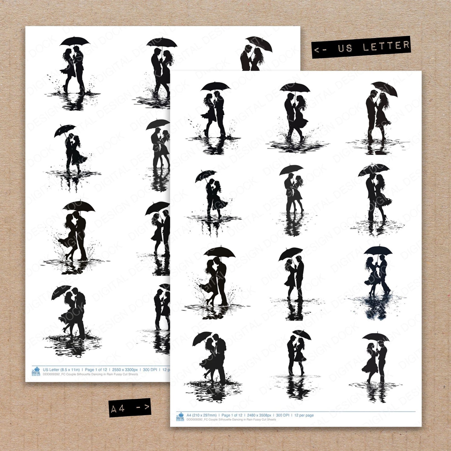 A4 and US Letter format comparison showing Couple Silhouette Dancing in Rain fussy cut pages for print and cut crafting