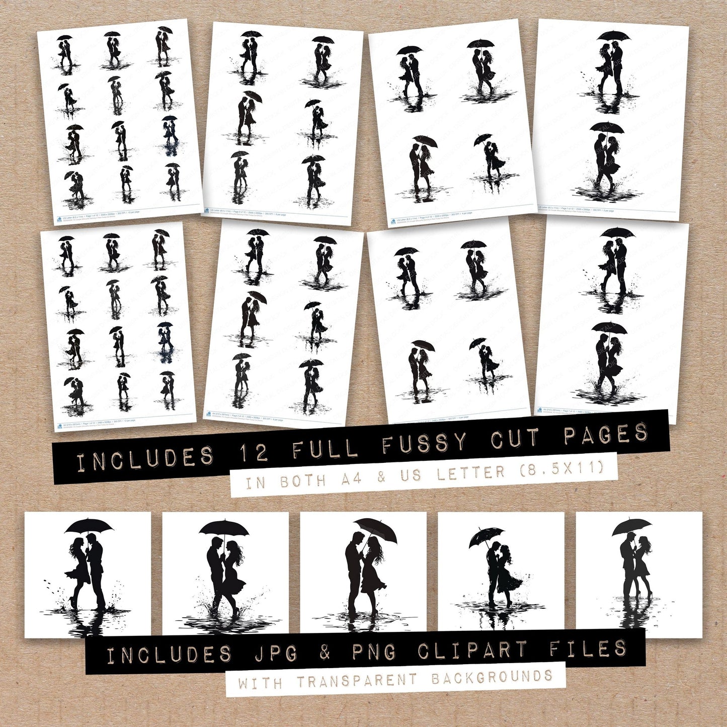 Full collection view of Couple Silhouette Dancing in Rain fussy cut sheets with bonus clipart JPG and PNG files