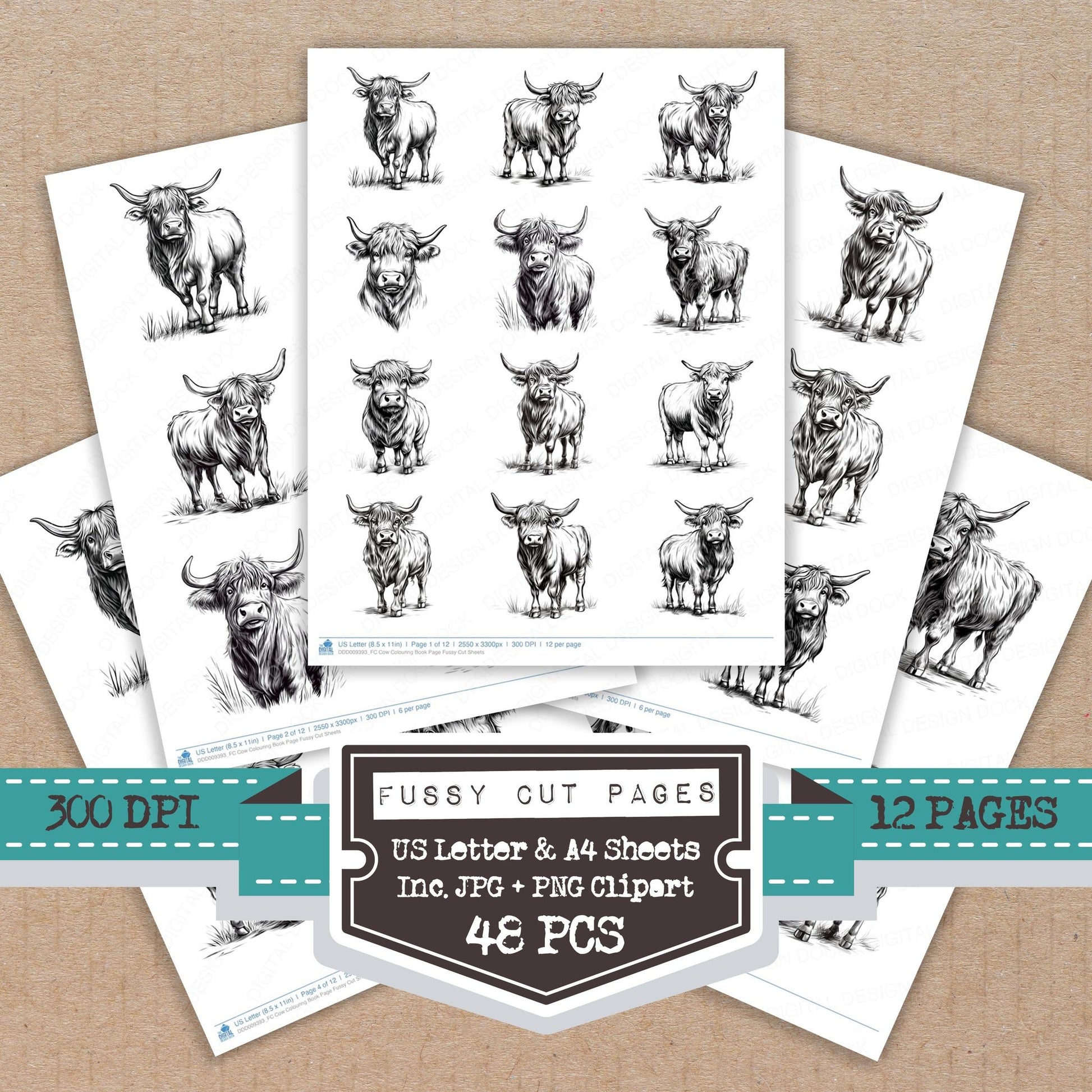 Cow Colouring Book Page fussy cut printable sheets for junk journaling, scrapbooking, and paper craft projects