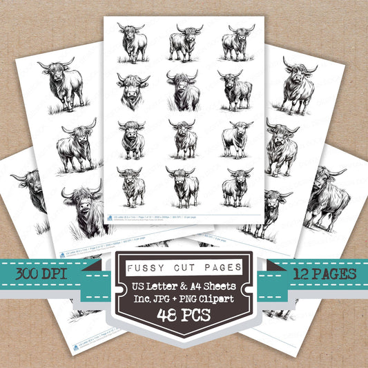 Cow Colouring Book Page fussy cut printable sheets for junk journaling, scrapbooking, and paper craft projects