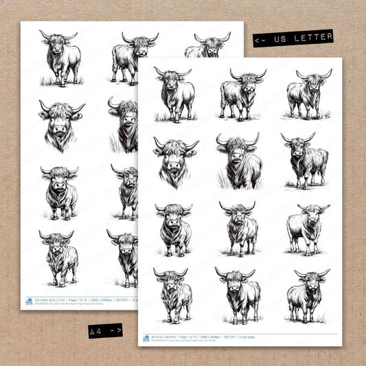 A4 and US Letter format comparison showing Cow Colouring Book Page fussy cut pages for print and cut crafting