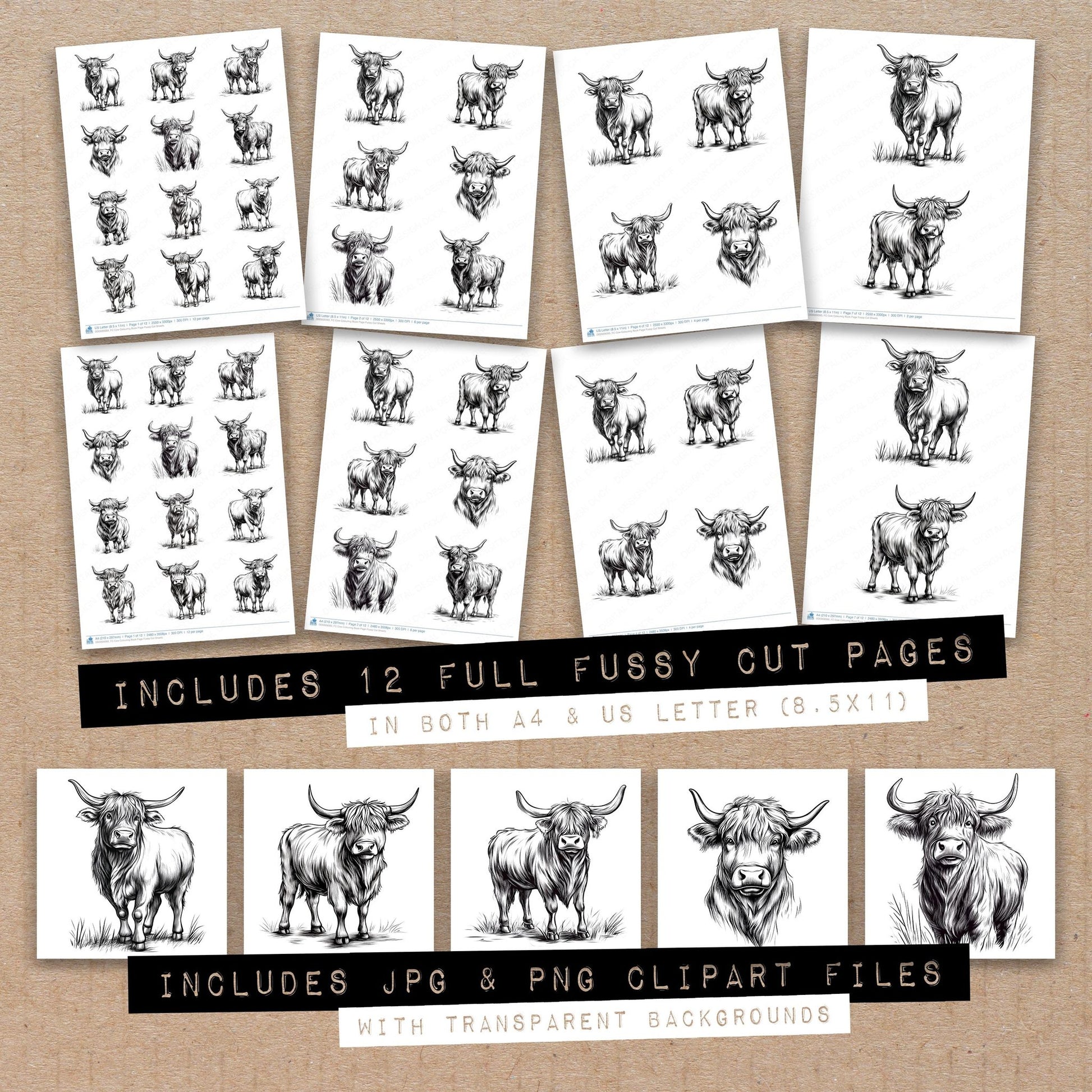 Full collection view of Cow Colouring Book Page fussy cut sheets with bonus clipart JPG and PNG files