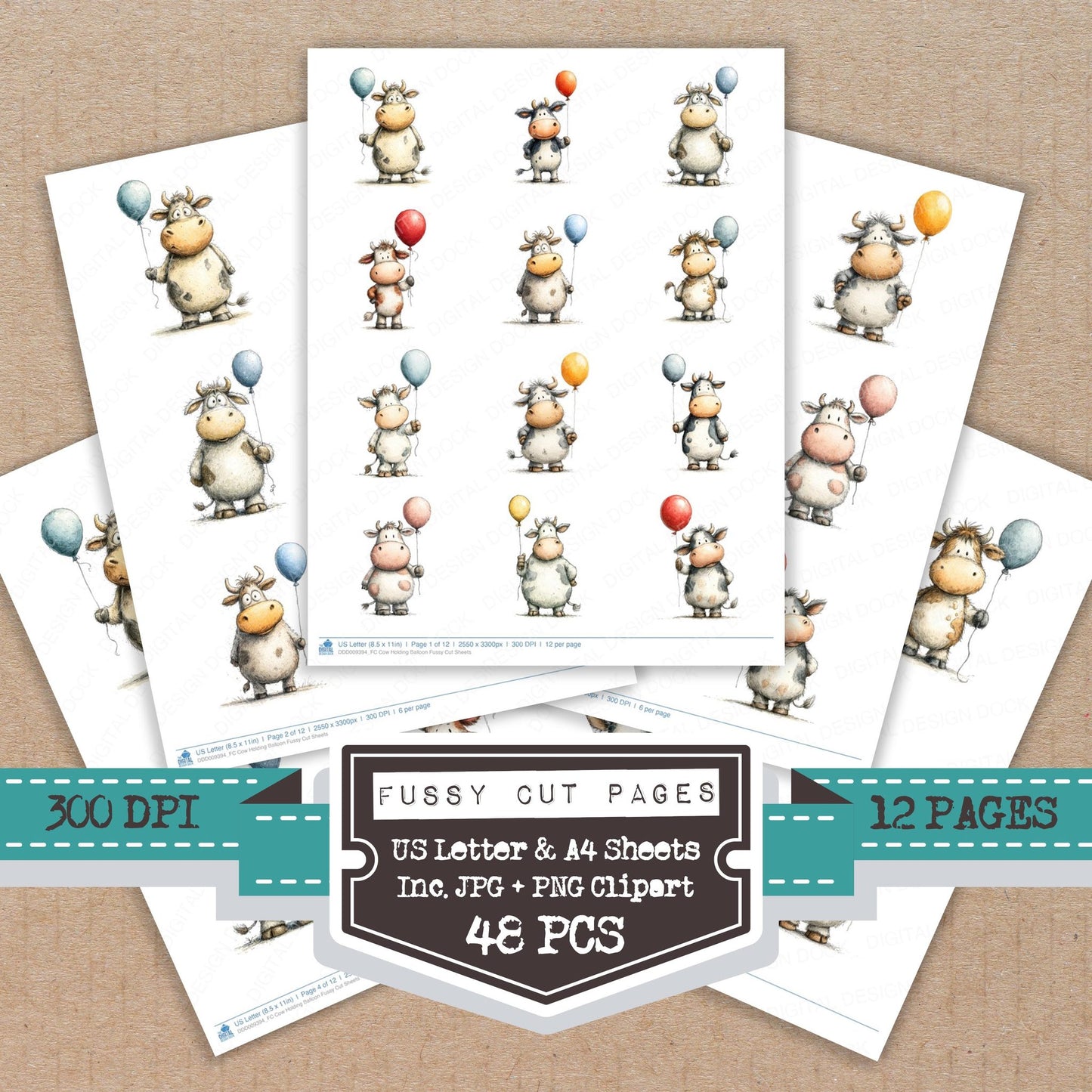Cow Holding Balloon fussy cut printable sheets for junk journaling, scrapbooking, and paper craft projects