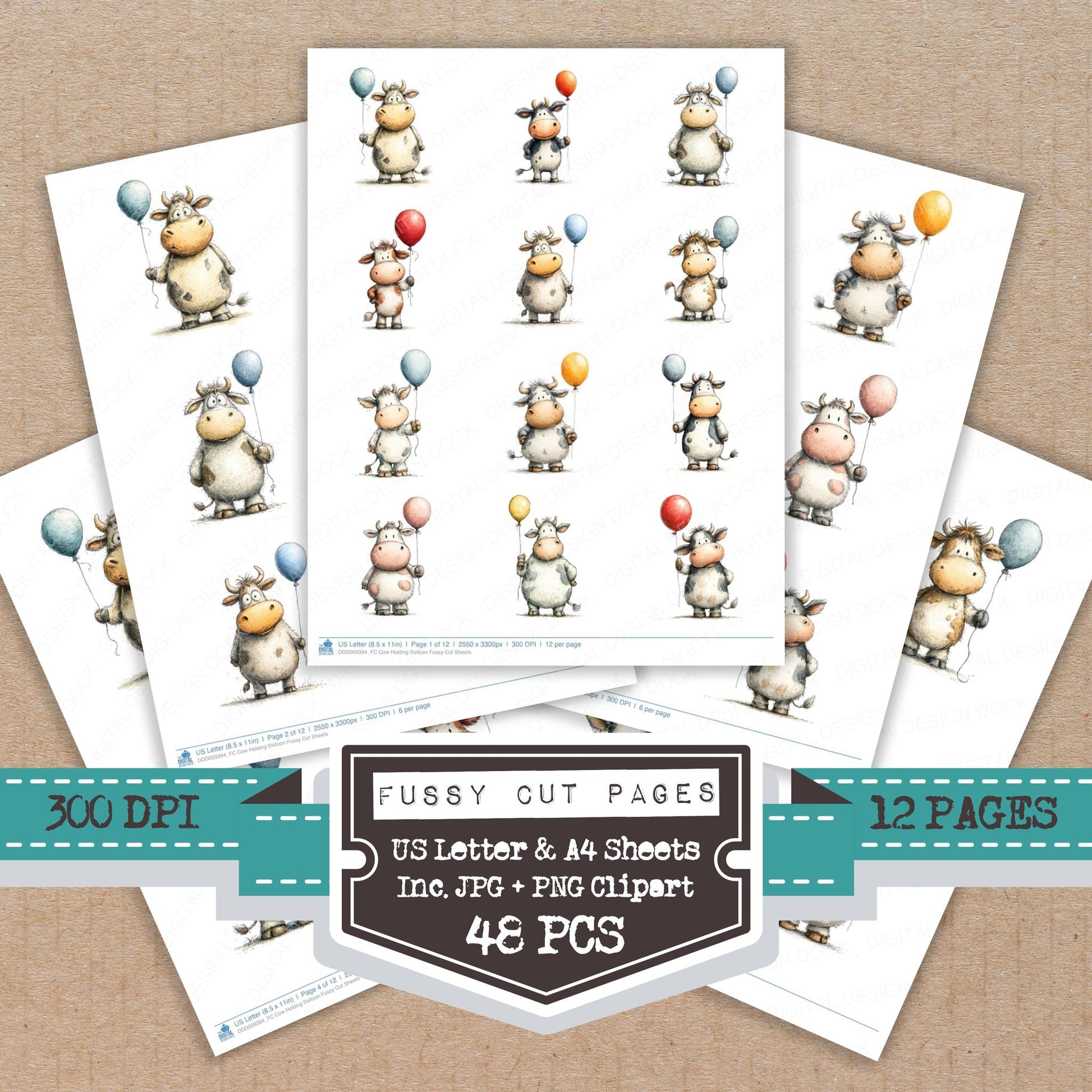 Cow Holding Balloon fussy cut printable sheets for junk journaling, scrapbooking, and paper craft projects