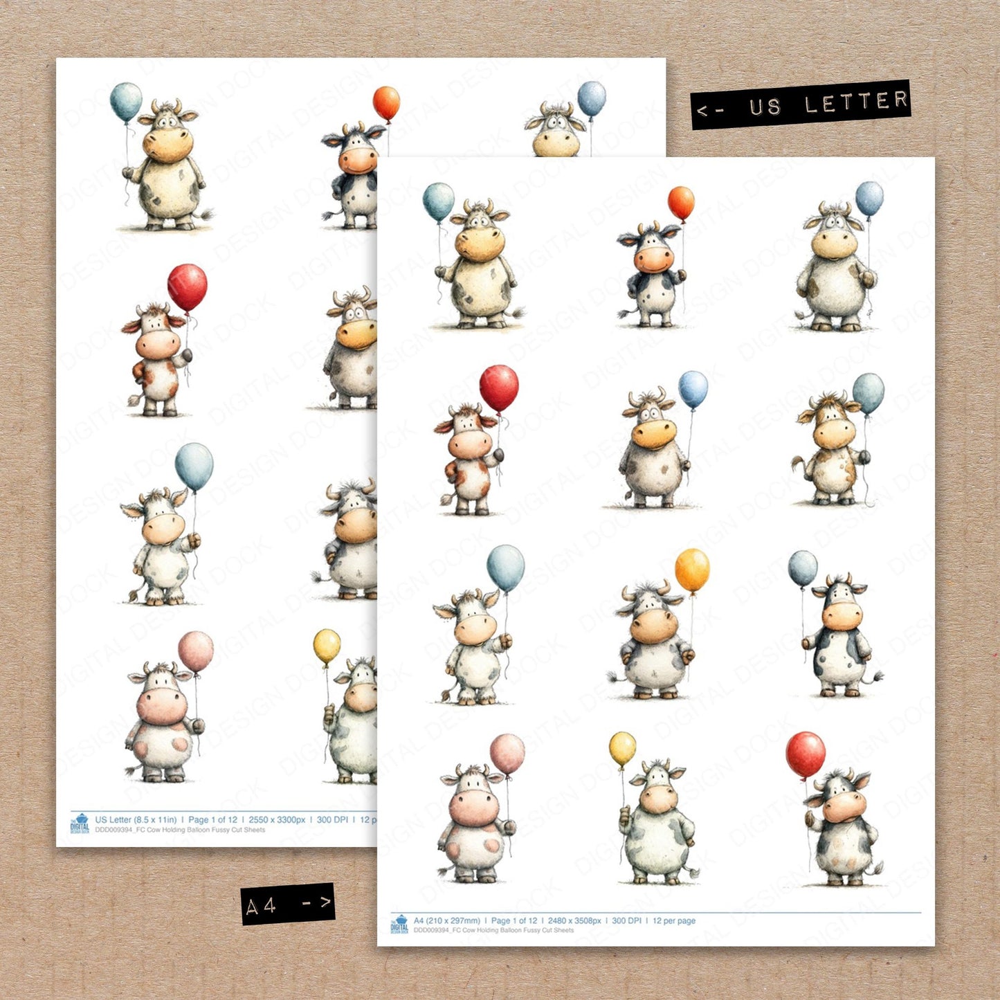 A4 and US Letter format comparison showing Cow Holding Balloon fussy cut pages for print and cut crafting