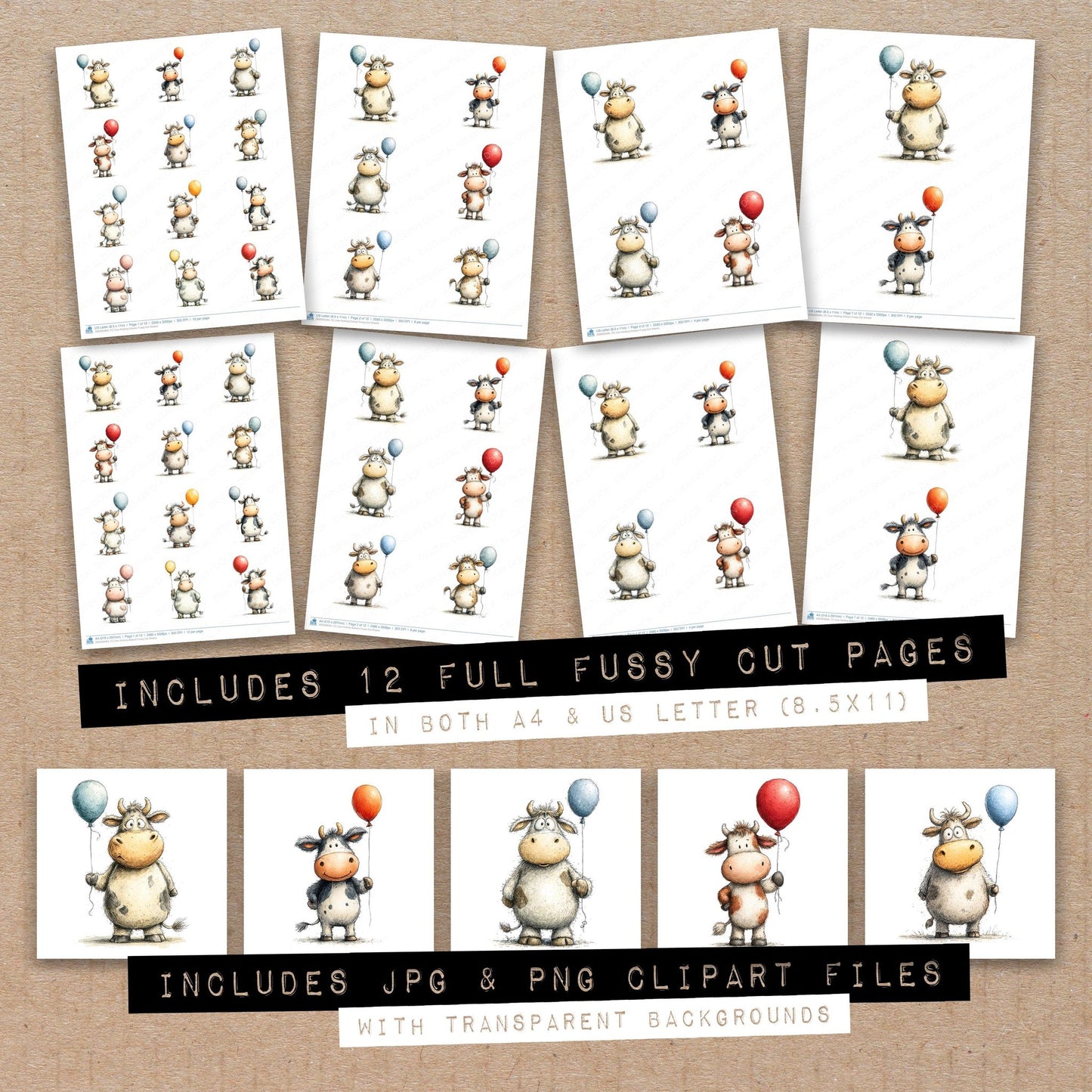 Full collection view of Cow Holding Balloon fussy cut sheets with bonus clipart JPG and PNG files