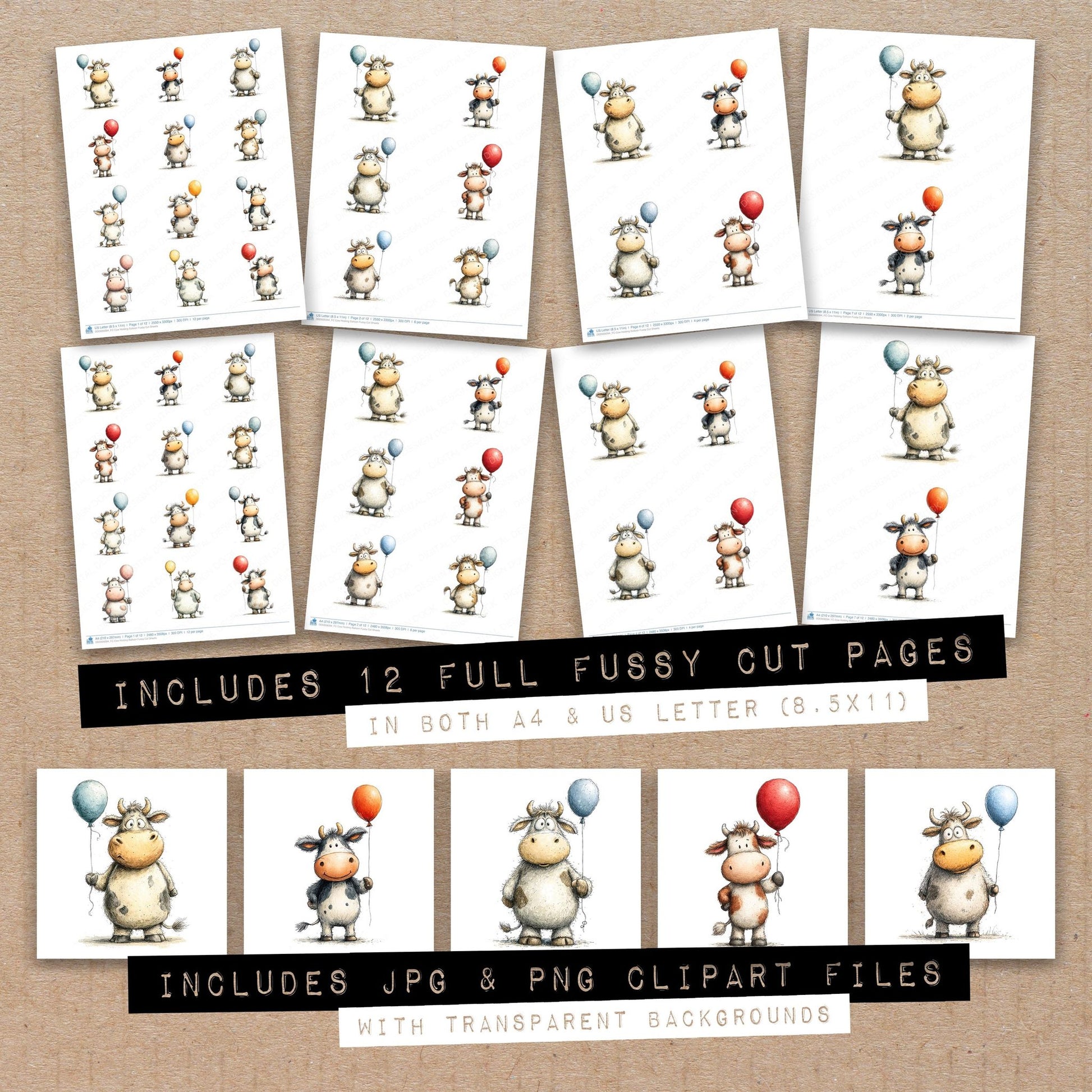 Full collection view of Cow Holding Balloon fussy cut sheets with bonus clipart JPG and PNG files
