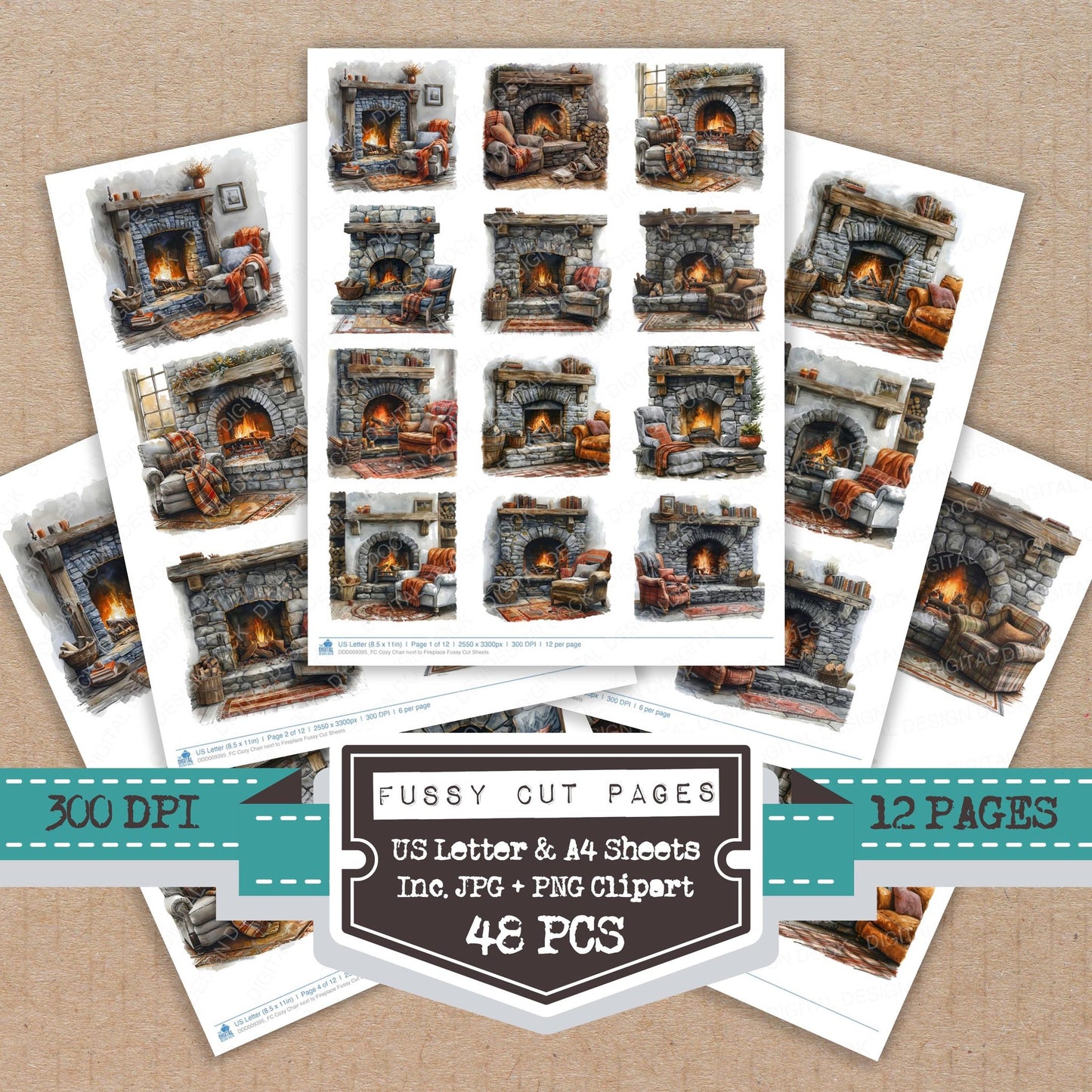 Cozy Chair next to Fireplace fussy cut printable sheets for junk journaling, scrapbooking, and paper craft projects
