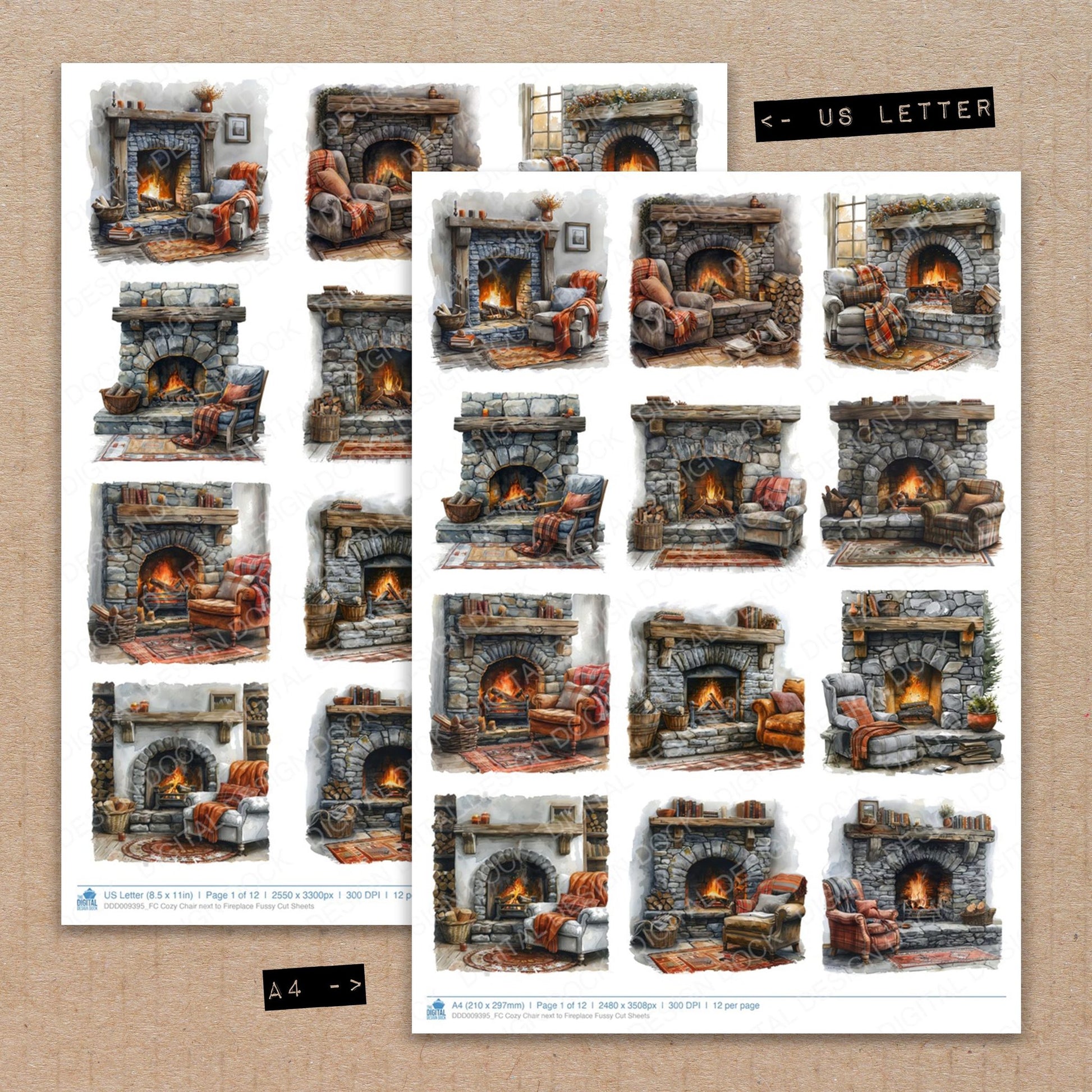 A4 and US Letter format comparison showing Cozy Chair next to Fireplace fussy cut pages for print and cut crafting