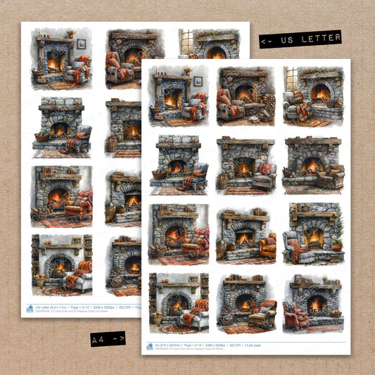 A4 and US Letter format comparison showing Cozy Chair next to Fireplace fussy cut pages for print and cut crafting