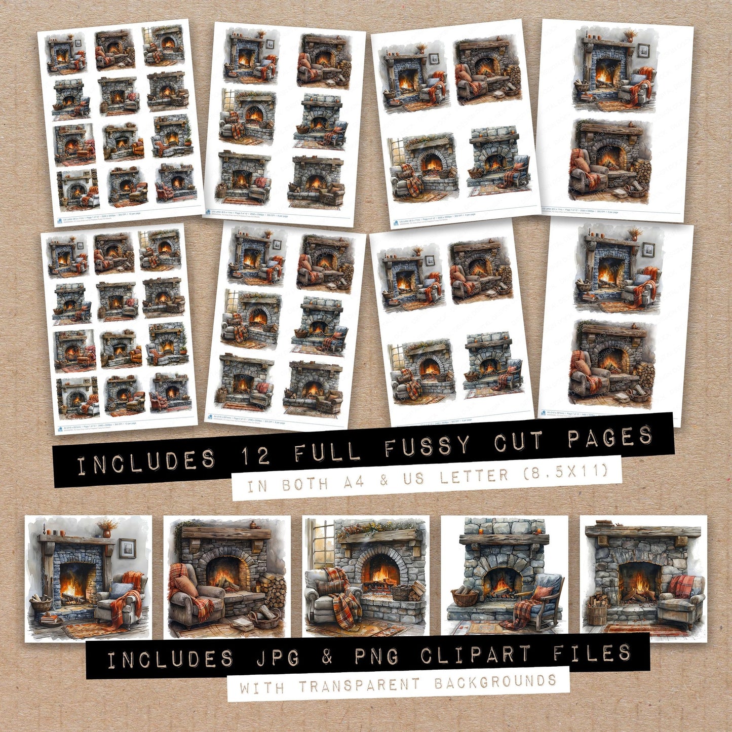 Full collection view of Cozy Chair next to Fireplace fussy cut sheets with bonus clipart JPG and PNG files