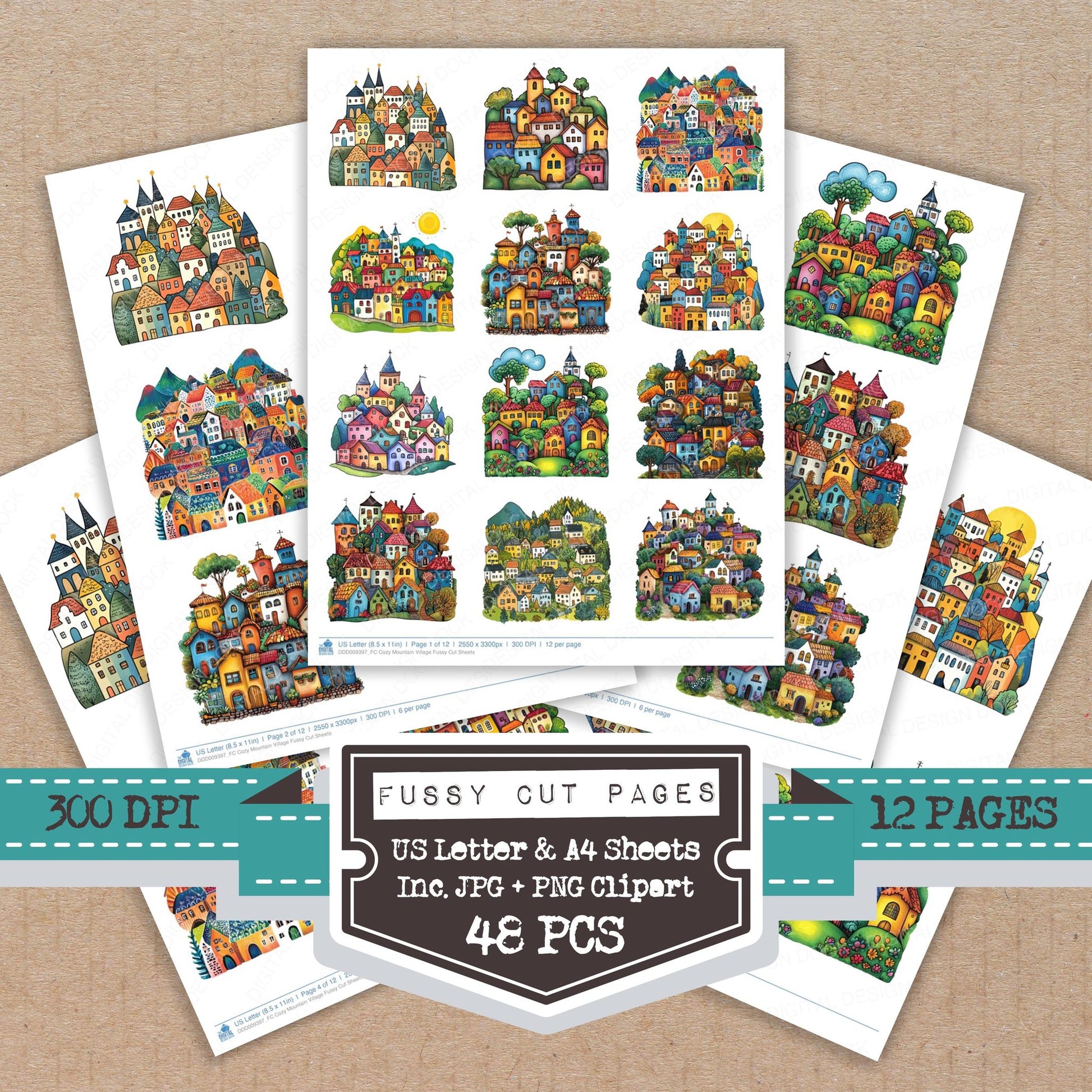 Cozy Mountain Village fussy cut printable sheets for junk journaling, scrapbooking, and paper craft projects
