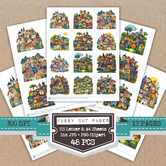 Cozy Mountain Village fussy cut printable sheets for junk journaling, scrapbooking, and paper craft projects