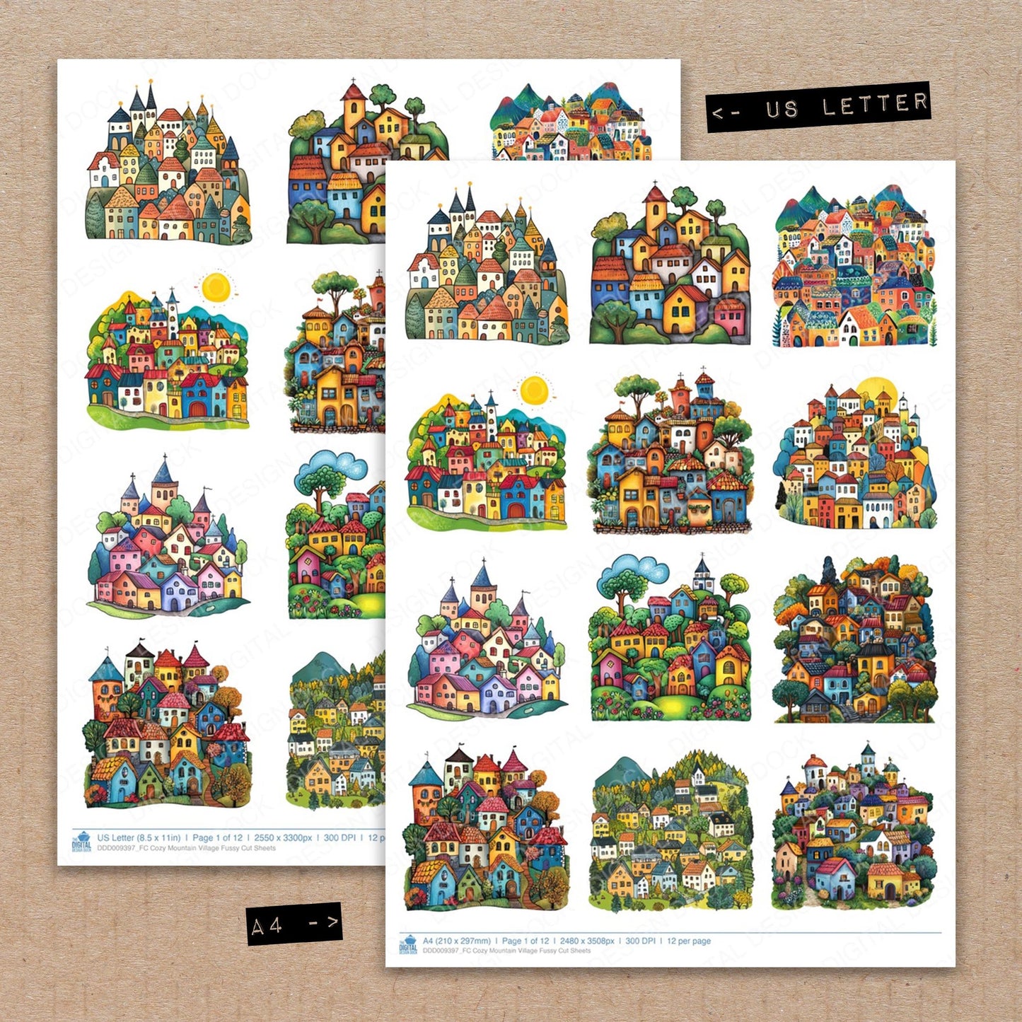 A4 and US Letter format comparison showing Cozy Mountain Village fussy cut pages for print and cut crafting