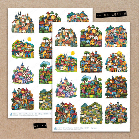 A4 and US Letter format comparison showing Cozy Mountain Village fussy cut pages for print and cut crafting
