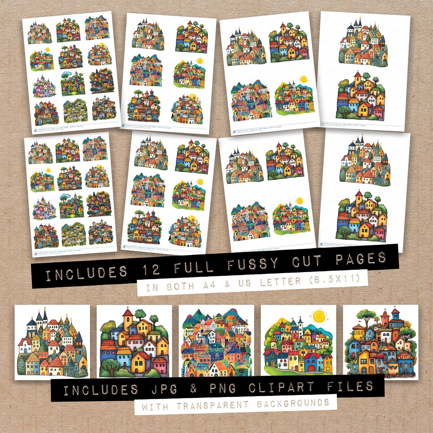 Full collection view of Cozy Mountain Village fussy cut sheets with bonus clipart JPG and PNG files