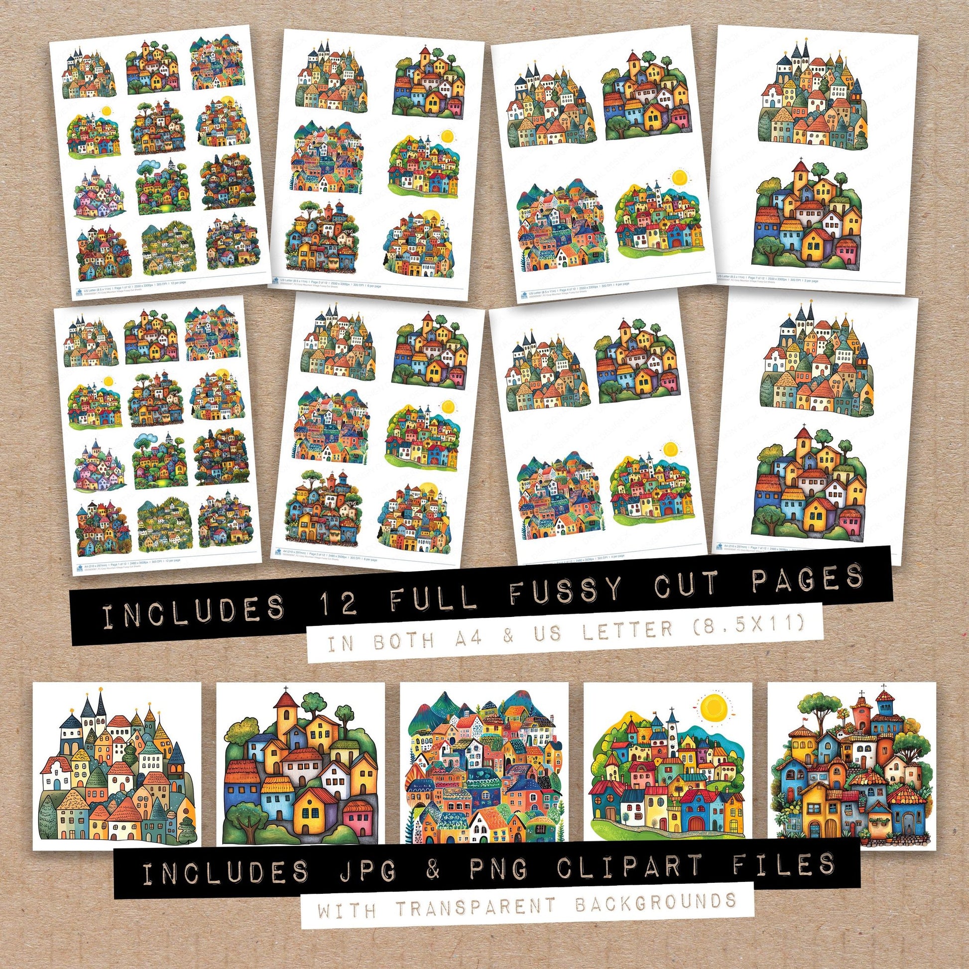 Full collection view of Cozy Mountain Village fussy cut sheets with bonus clipart JPG and PNG files
