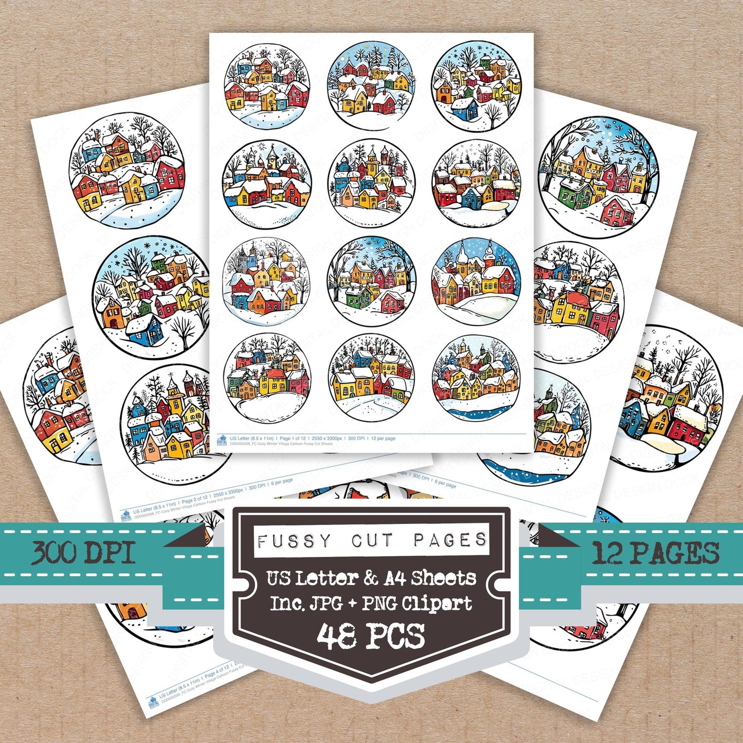 Cozy WInter Village Cartoon fussy cut printable sheets for junk journaling, scrapbooking, and paper craft projects