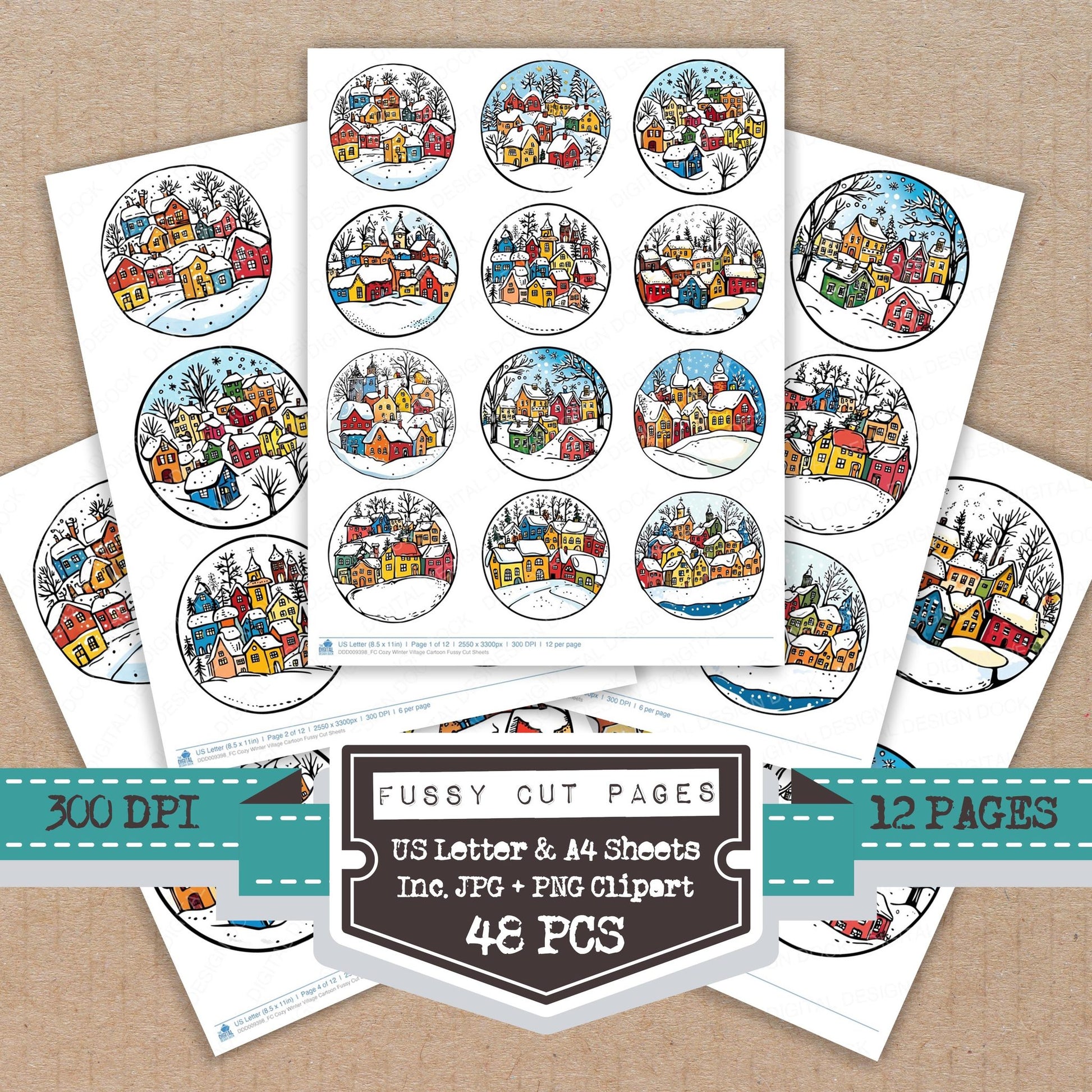 Cozy WInter Village Cartoon fussy cut printable sheets for junk journaling, scrapbooking, and paper craft projects