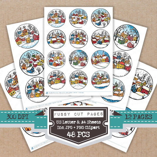 Cozy WInter Village Cartoon fussy cut printable sheets for junk journaling, scrapbooking, and paper craft projects