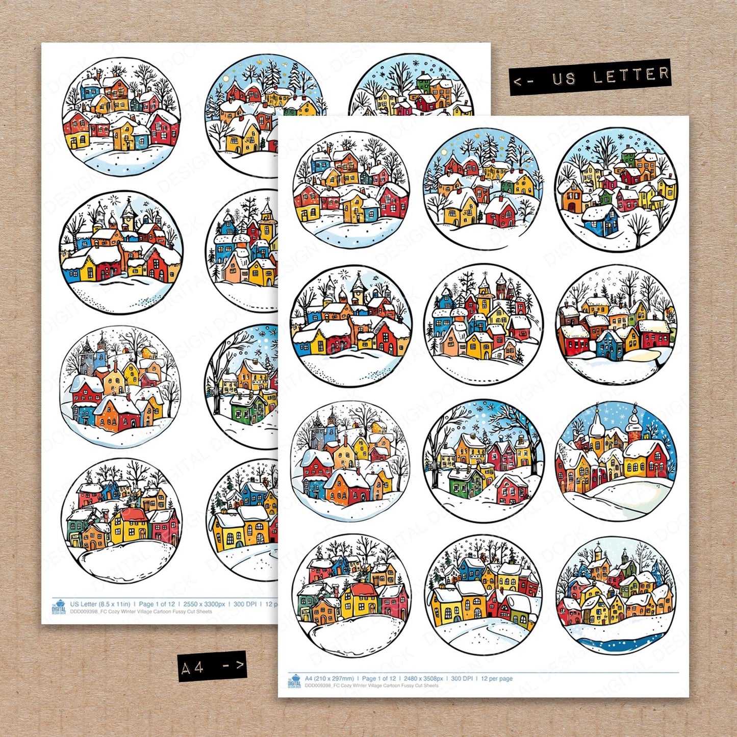 A4 and US Letter format comparison showing Cozy WInter Village Cartoon fussy cut pages for print and cut crafting