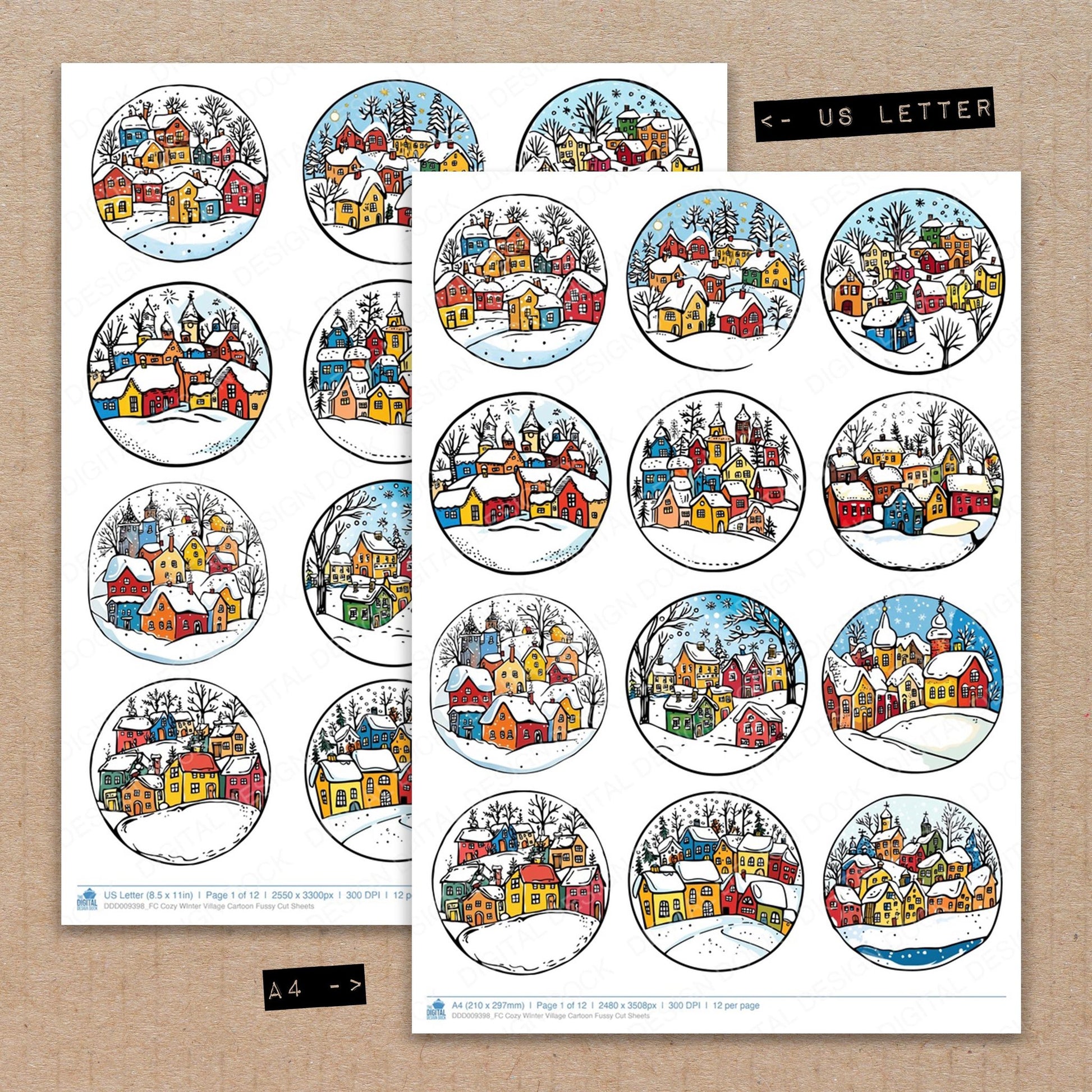 A4 and US Letter format comparison showing Cozy WInter Village Cartoon fussy cut pages for print and cut crafting