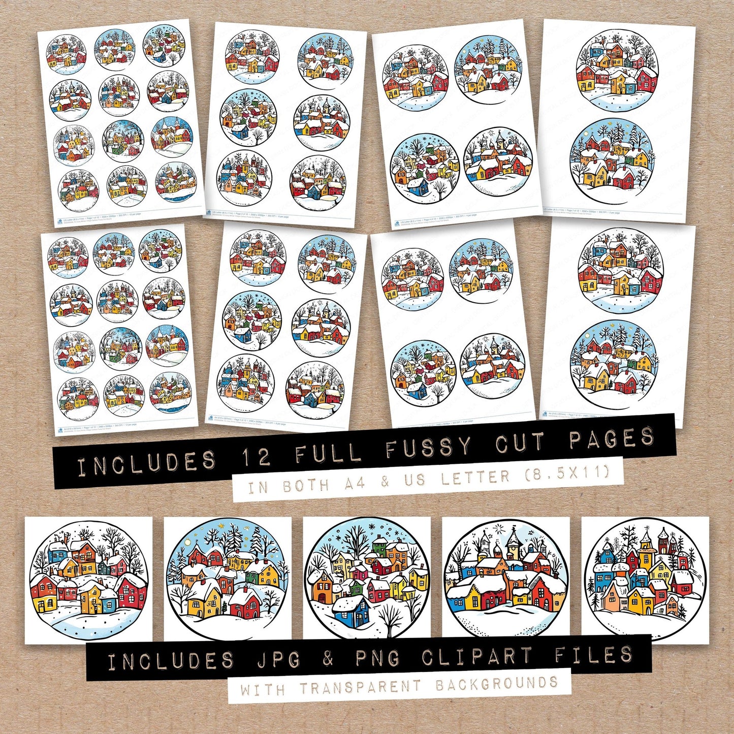 Full collection view of Cozy WInter Village Cartoon fussy cut sheets with bonus clipart JPG and PNG files