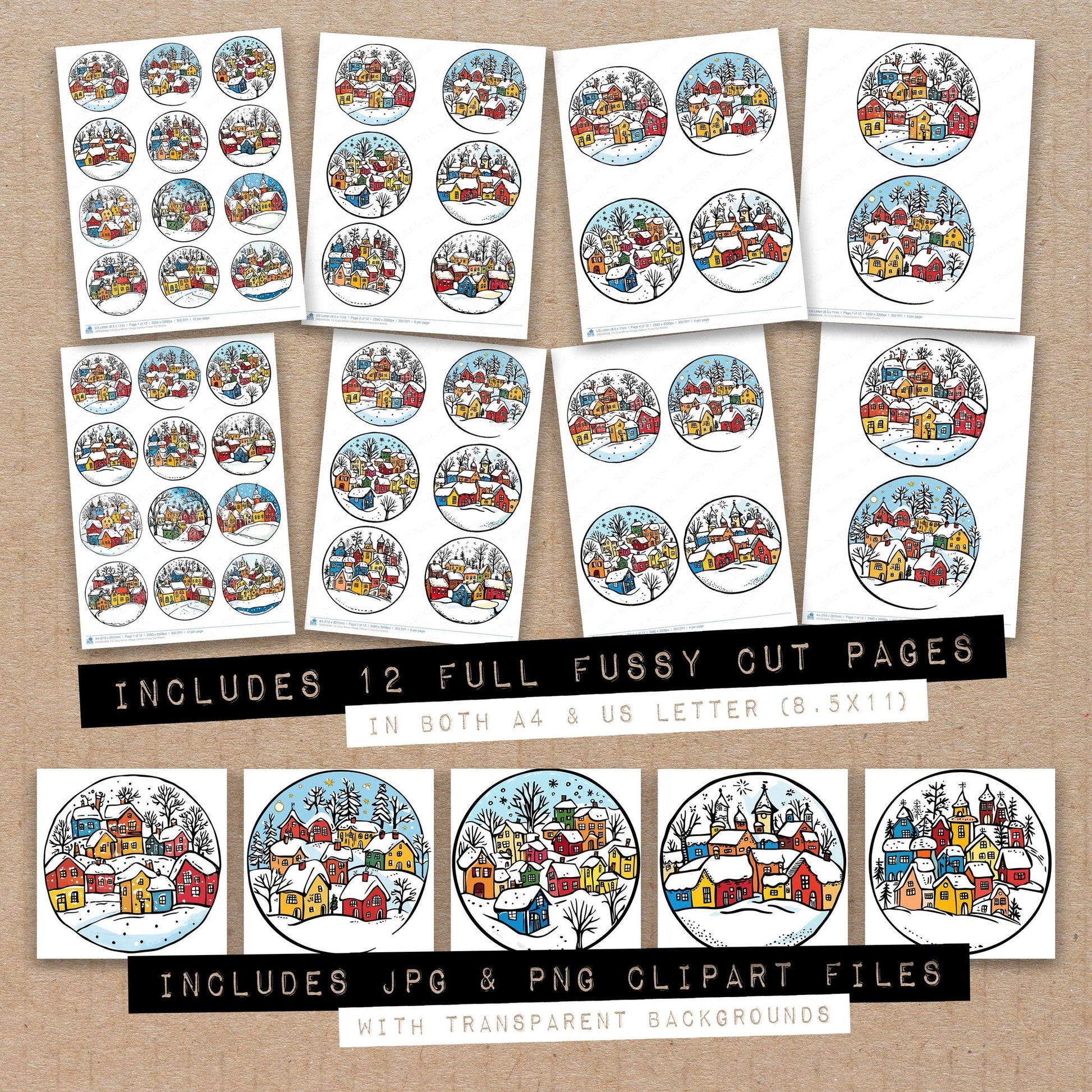 Full collection view of Cozy WInter Village Cartoon fussy cut sheets with bonus clipart JPG and PNG files
