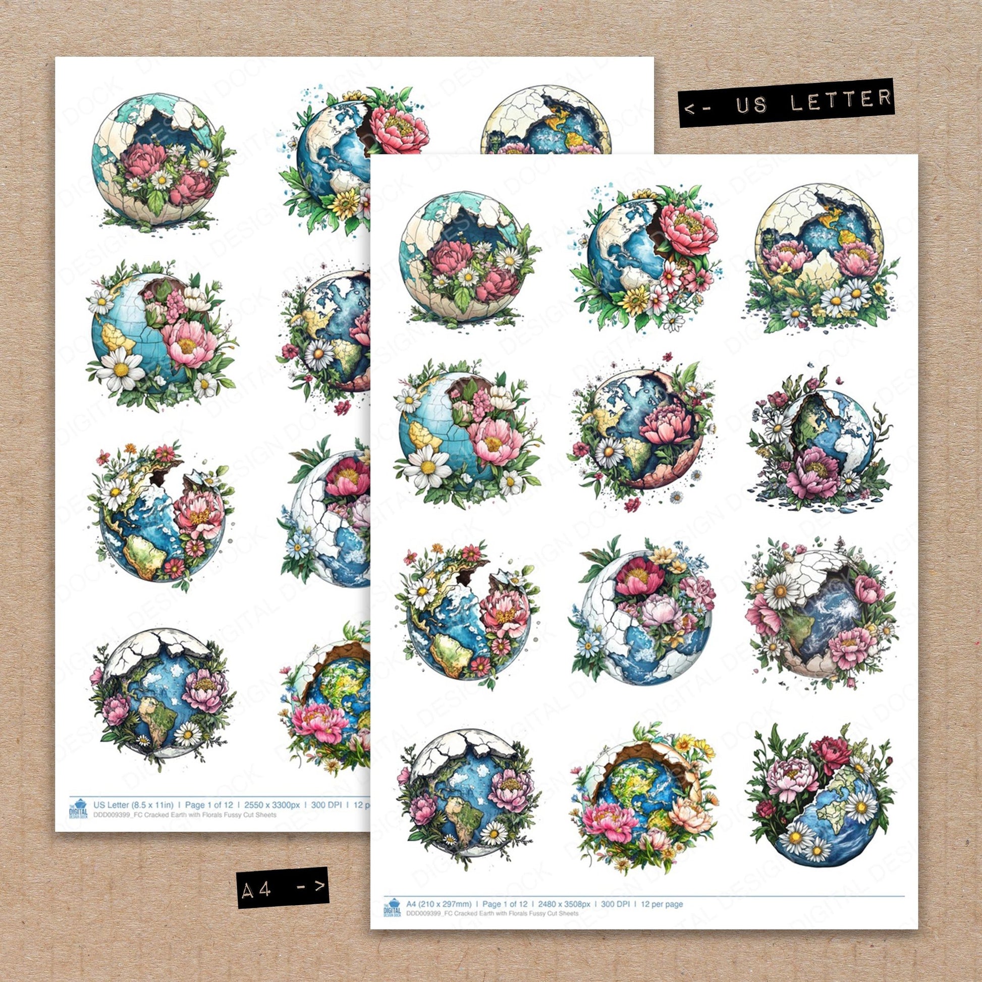 A4 and US Letter format comparison showing Cracked Earth with Florals fussy cut pages for print and cut crafting