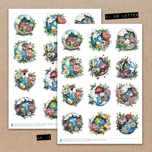 A4 and US Letter format comparison showing Cracked Earth with Florals fussy cut pages for print and cut crafting