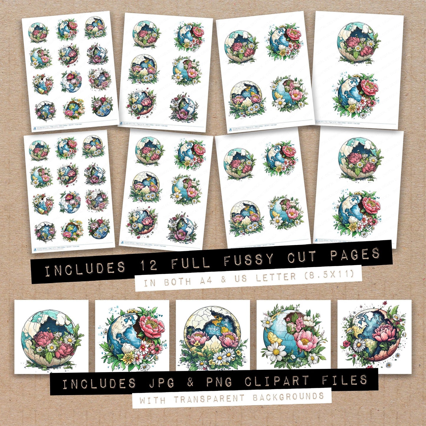 Full collection view of Cracked Earth with Florals fussy cut sheets with bonus clipart JPG and PNG files