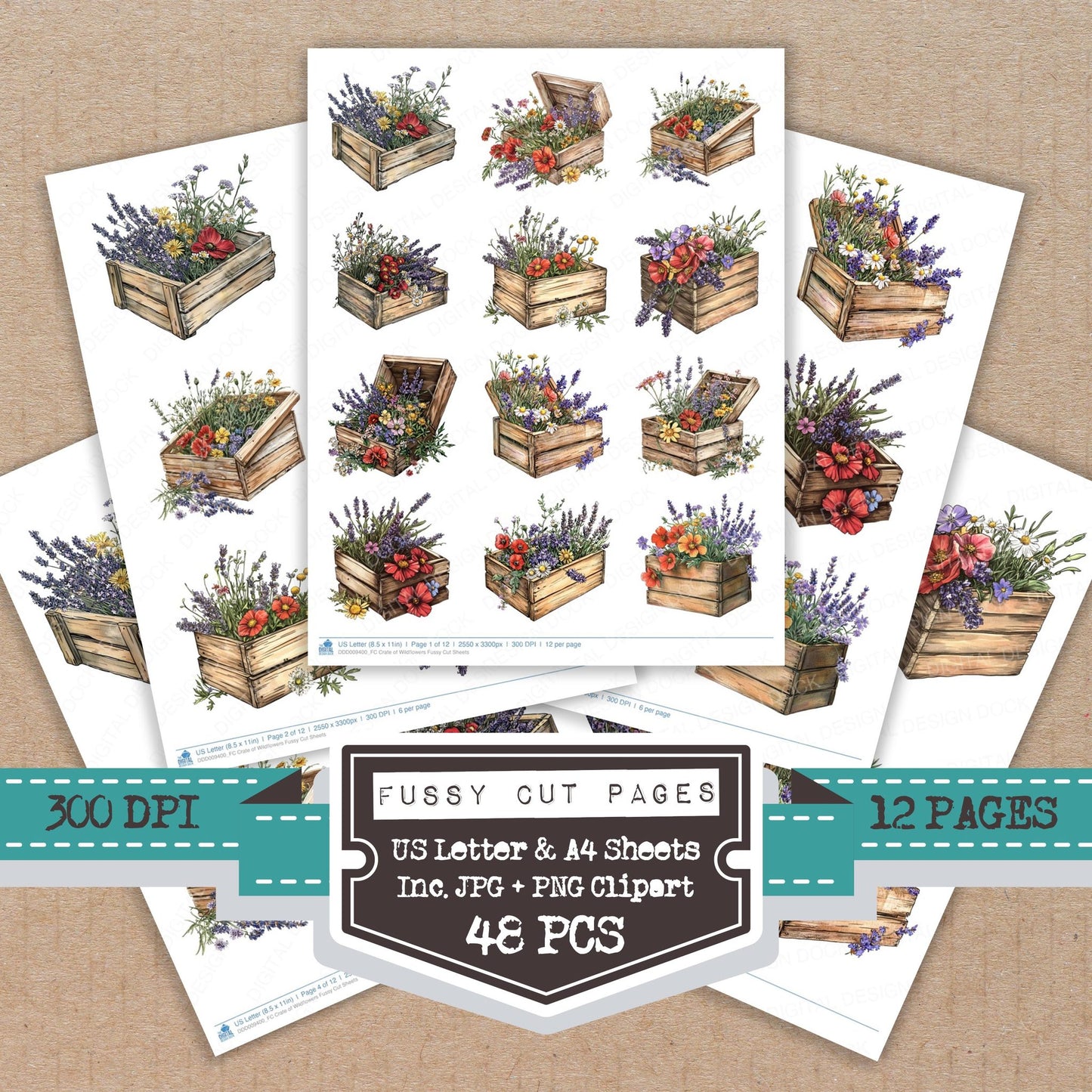 Crate of Wildflowers fussy cut printable sheets for junk journaling, scrapbooking, and paper craft projects