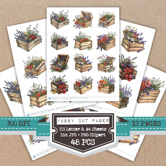 Crate of Wildflowers fussy cut printable sheets for junk journaling, scrapbooking, and paper craft projects