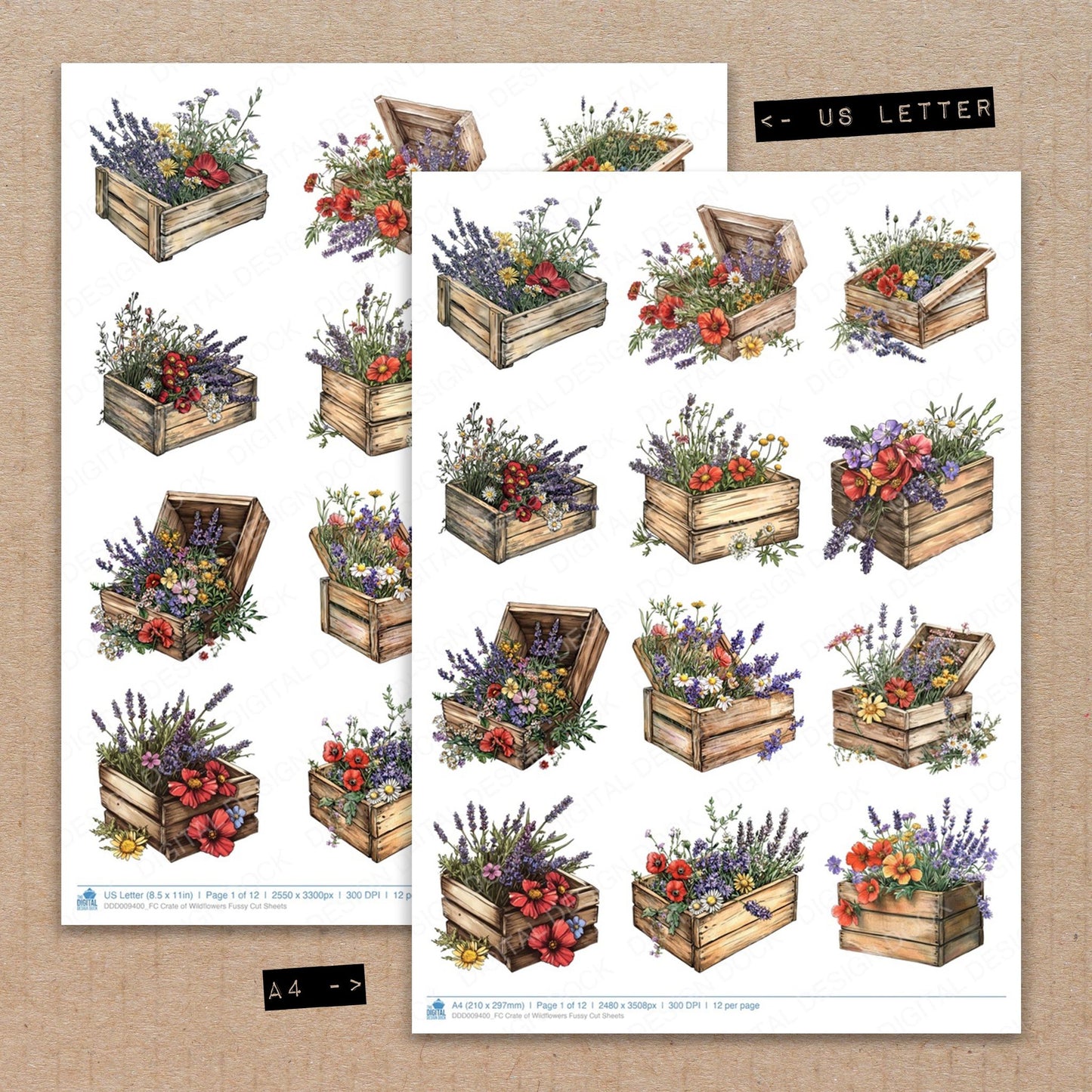 A4 and US Letter format comparison showing Crate of Wildflowers fussy cut pages for print and cut crafting