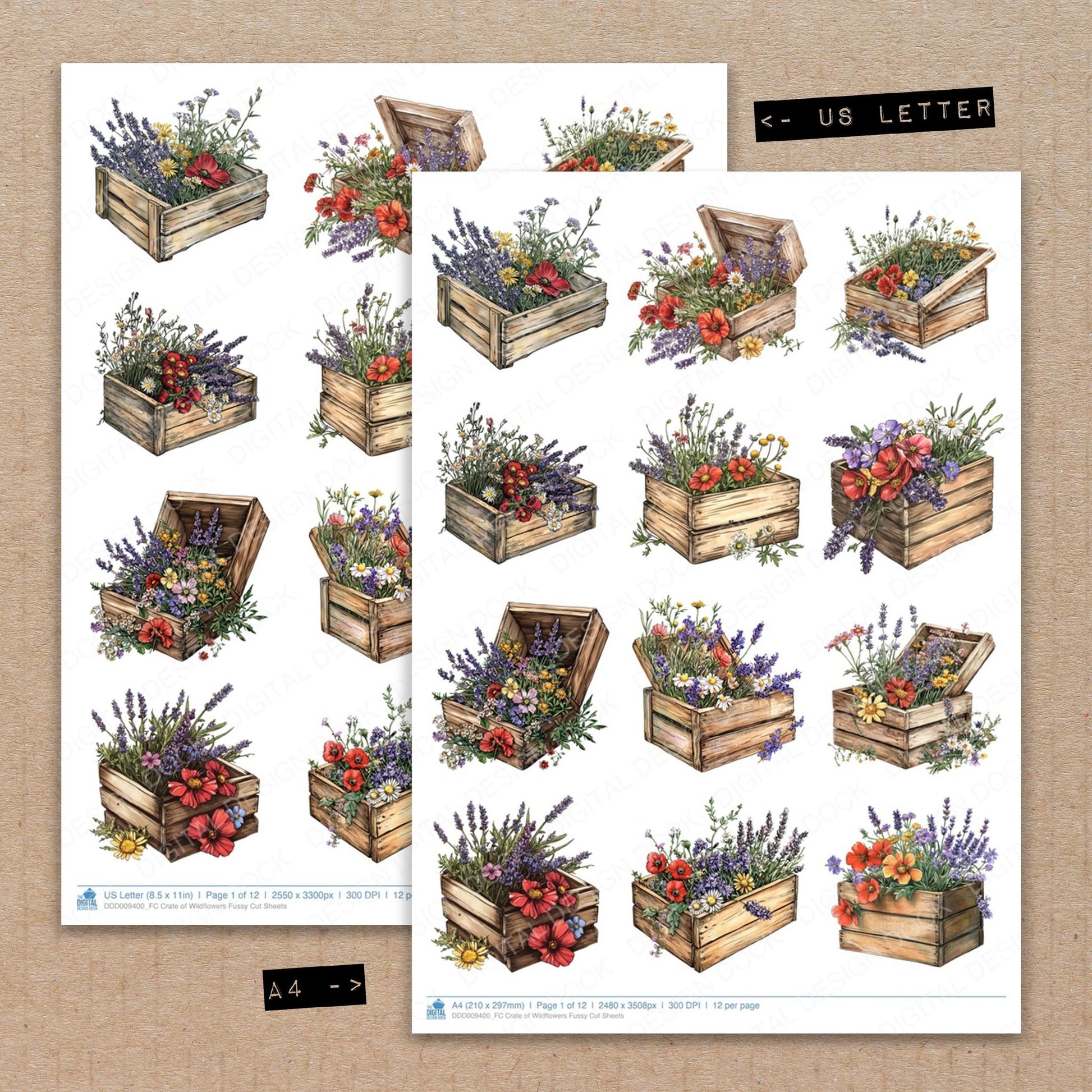 A4 and US Letter format comparison showing Crate of Wildflowers fussy cut pages for print and cut crafting