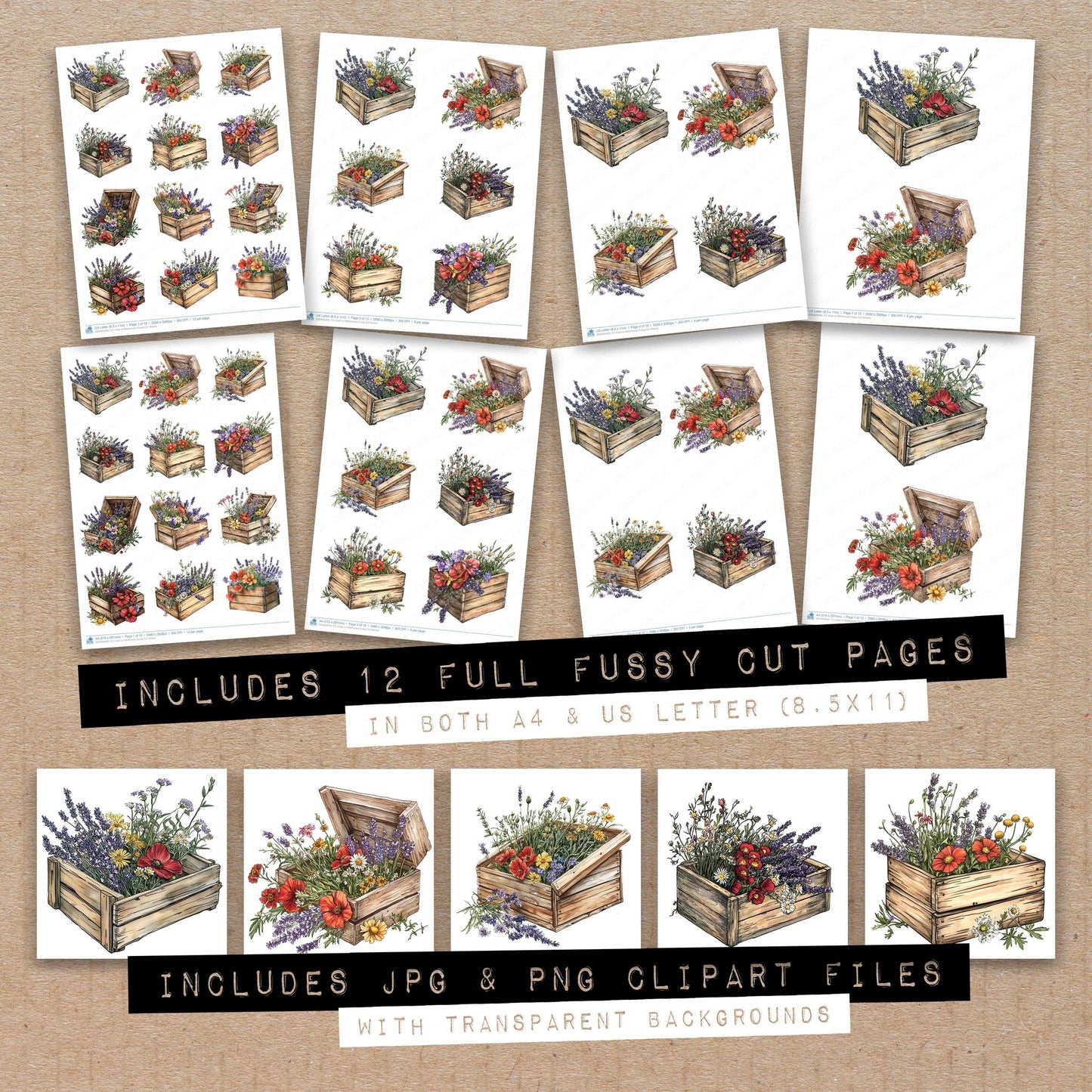 Full collection view of Crate of Wildflowers fussy cut sheets with bonus clipart JPG and PNG files
