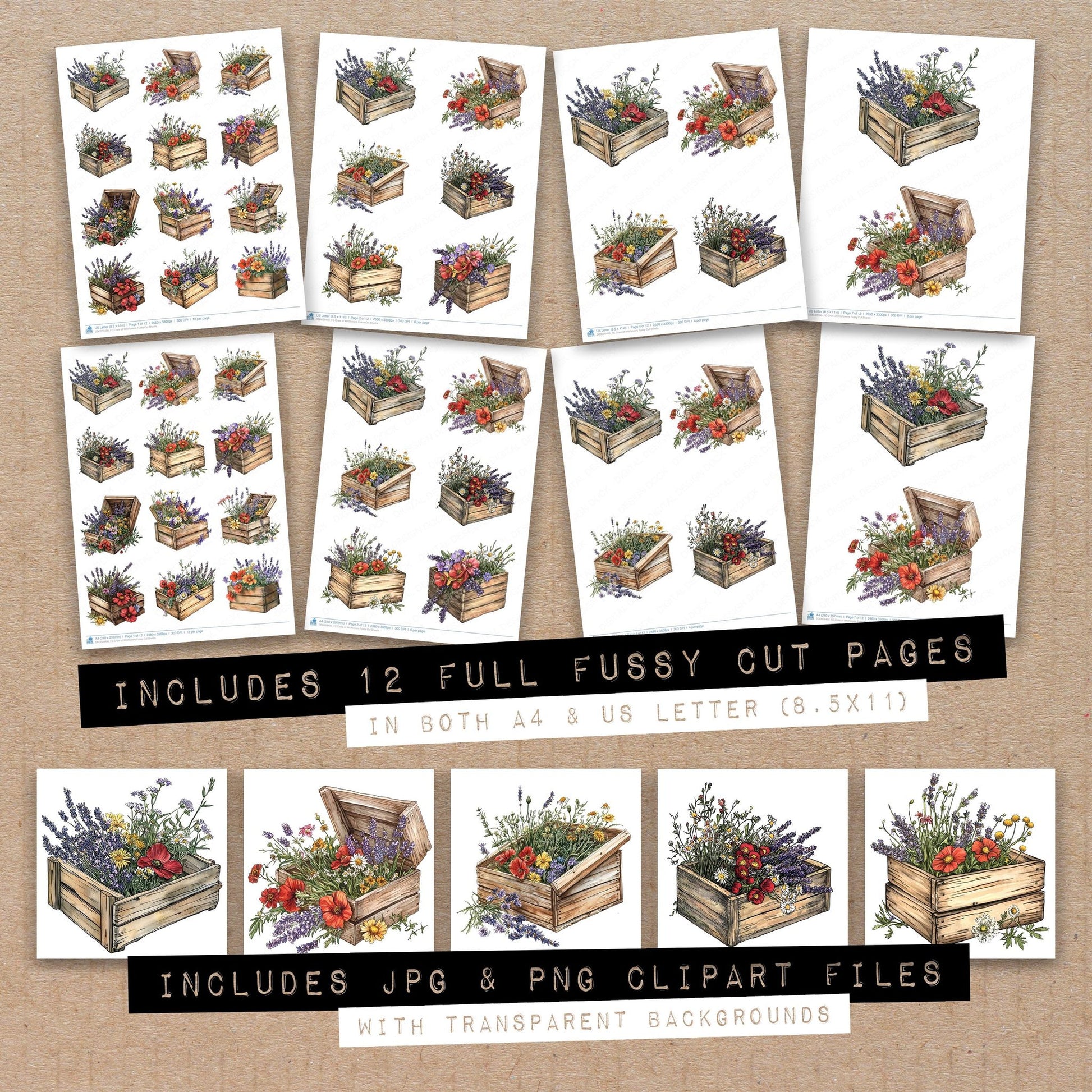Full collection view of Crate of Wildflowers fussy cut sheets with bonus clipart JPG and PNG files
