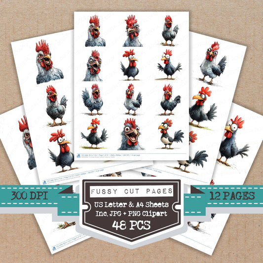 Crazy Rooster Cartoon fussy cut printable sheets for junk journaling, scrapbooking, and paper craft projects