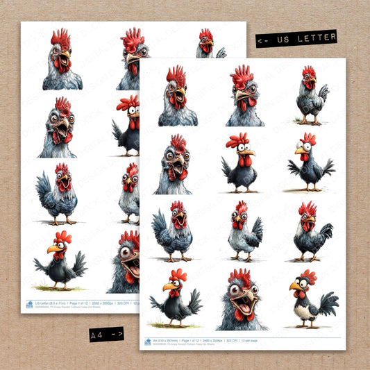 A4 and US Letter format comparison showing Crazy Rooster Cartoon fussy cut pages for print and cut crafting