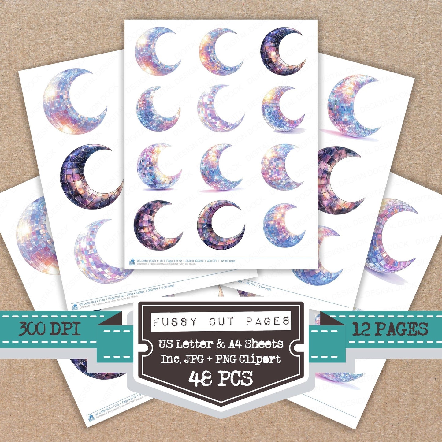 Crescent Moon Mirror Ball fussy cut printable sheets for junk journaling, scrapbooking, and paper craft projects