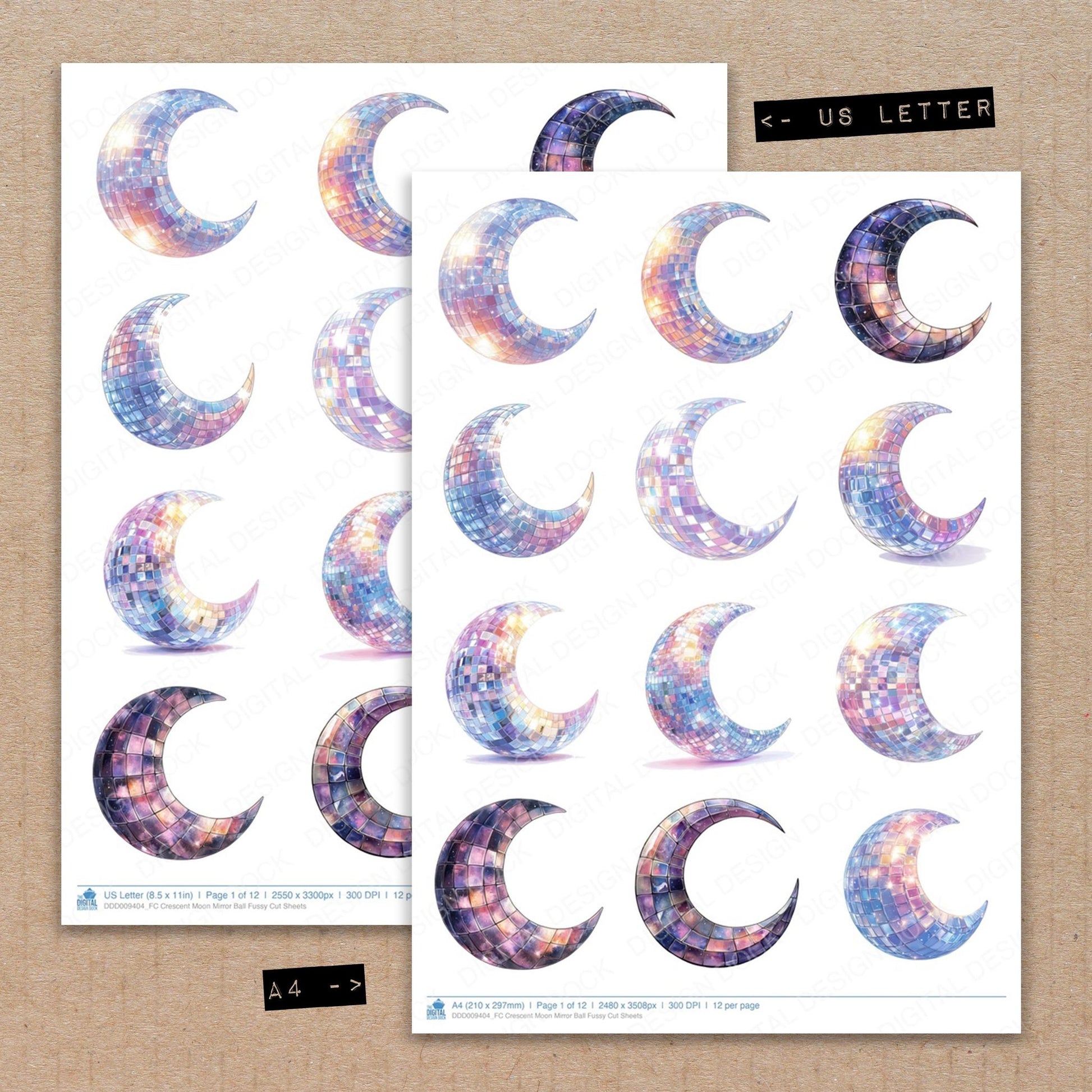 A4 and US Letter format comparison showing Crescent Moon Mirror Ball fussy cut pages for print and cut crafting