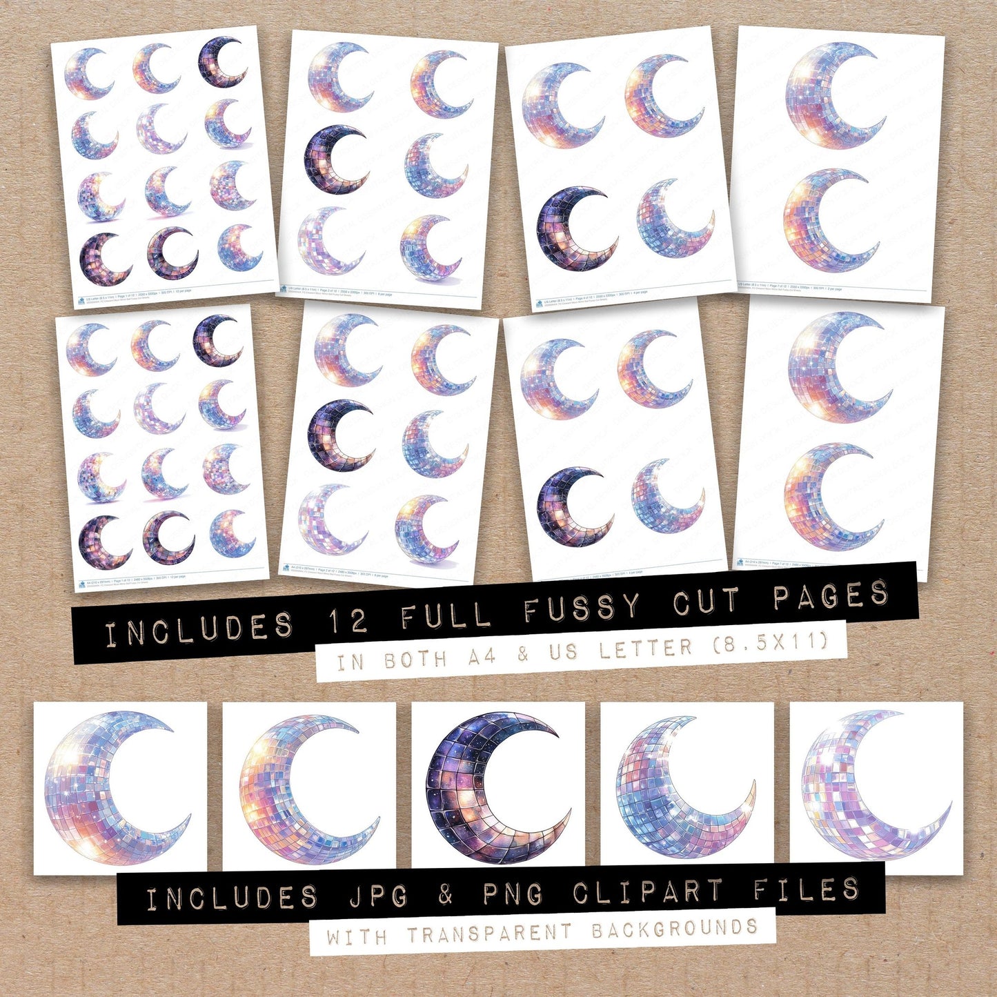 Full collection view of Crescent Moon Mirror Ball fussy cut sheets with bonus clipart JPG and PNG files