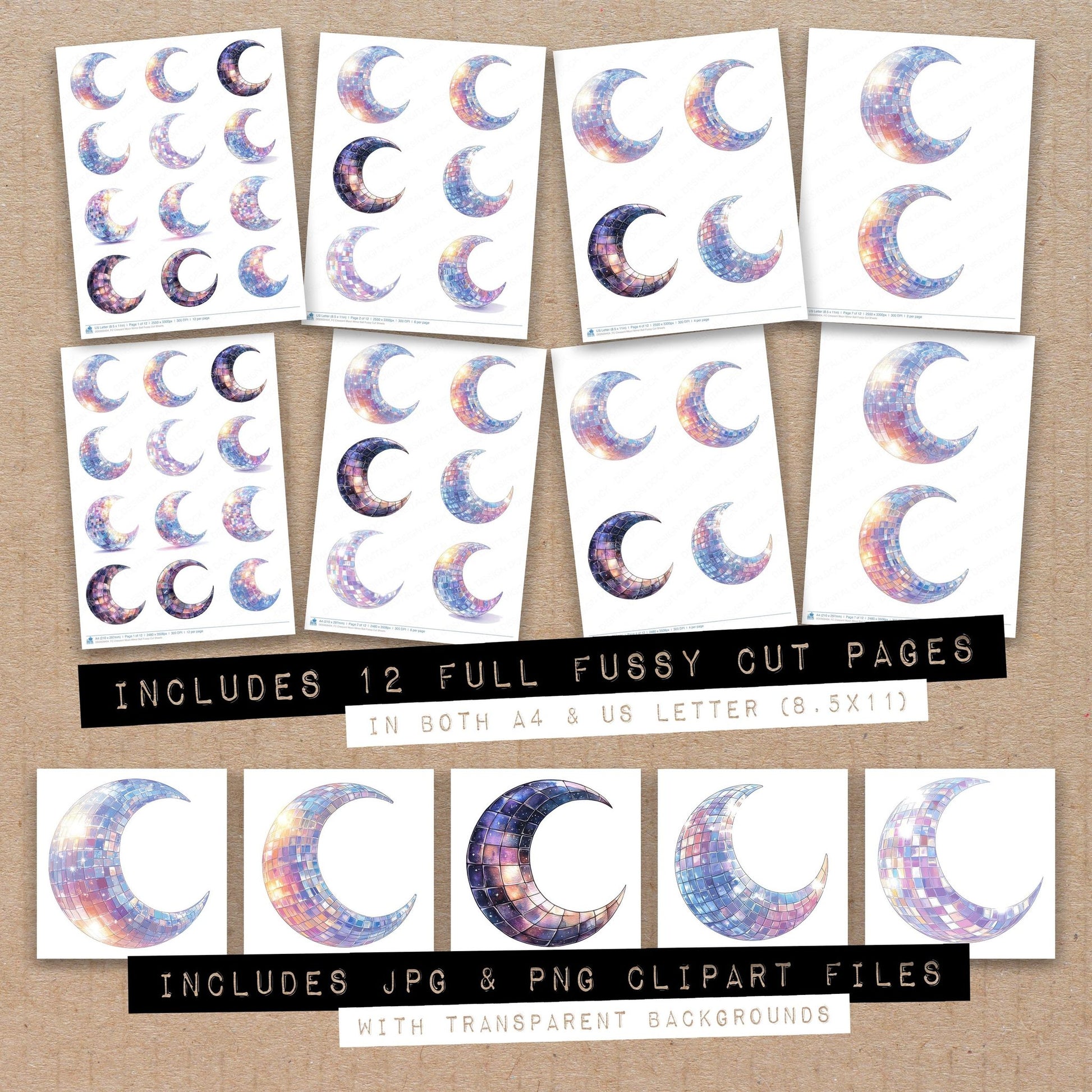 Full collection view of Crescent Moon Mirror Ball fussy cut sheets with bonus clipart JPG and PNG files
