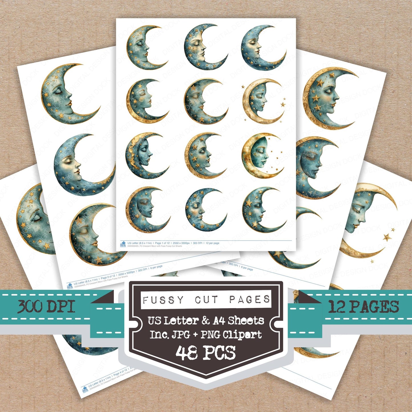 Crescent Moon with Face fussy cut printable sheets for junk journaling, scrapbooking, and paper craft projects