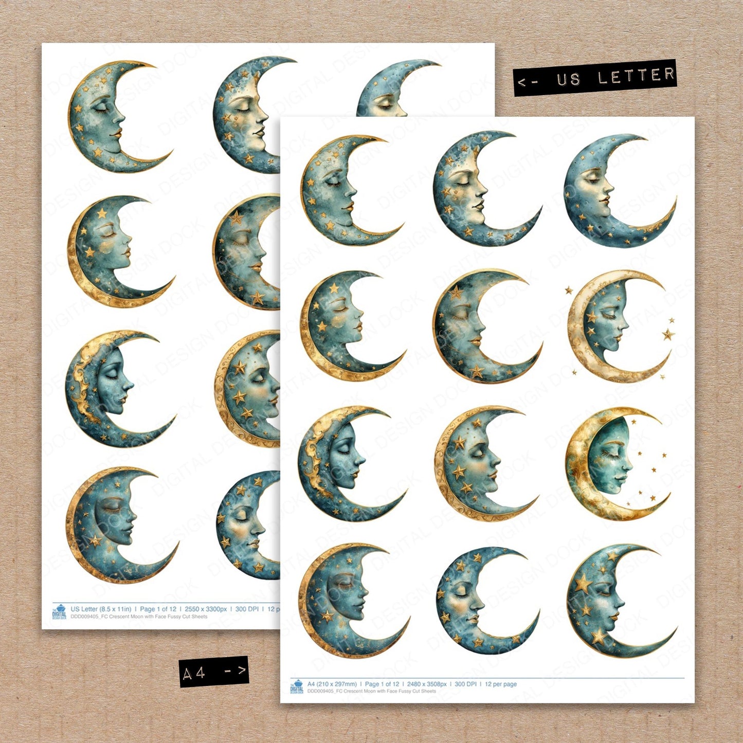 A4 and US Letter format comparison showing Crescent Moon with Face fussy cut pages for print and cut crafting
