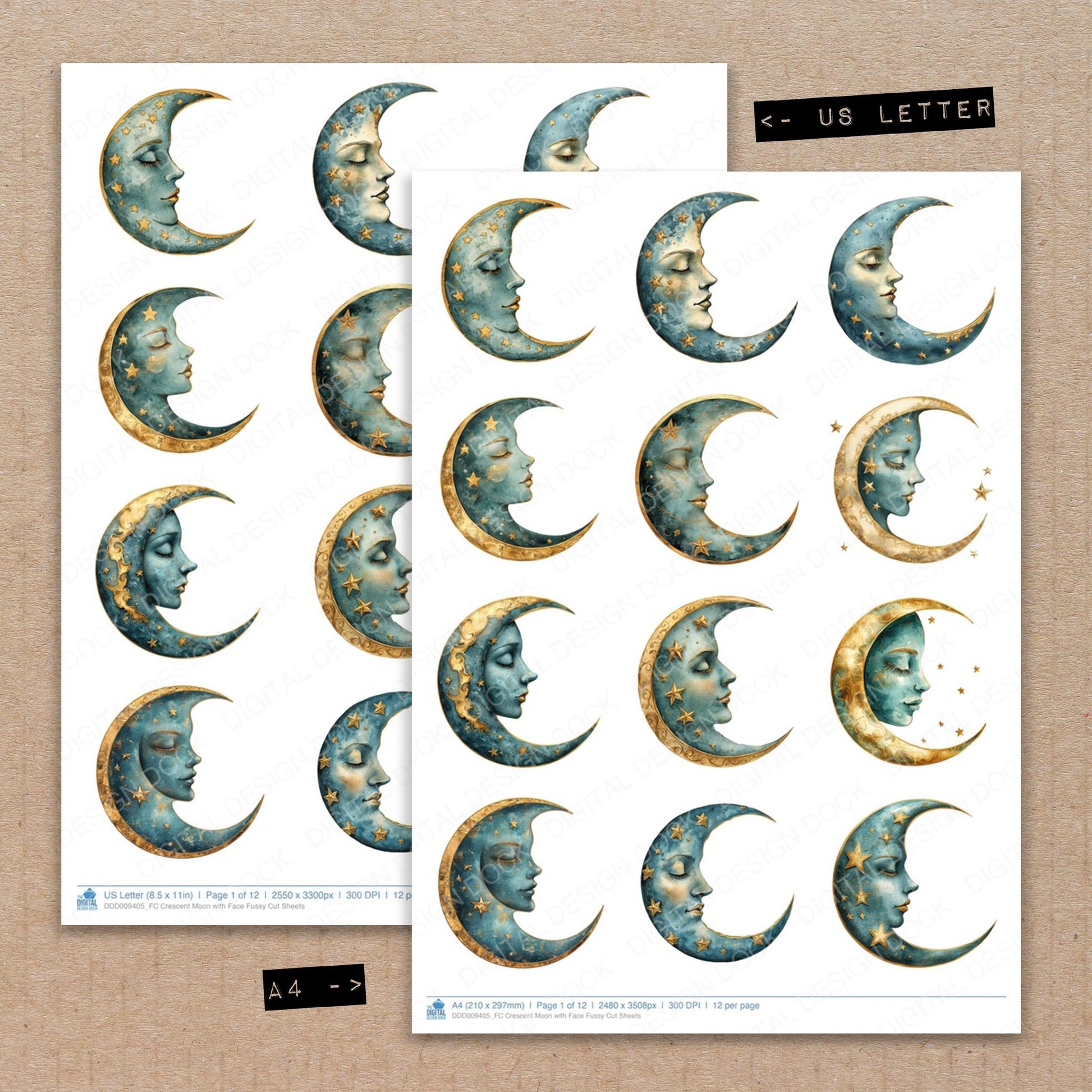 A4 and US Letter format comparison showing Crescent Moon with Face fussy cut pages for print and cut crafting