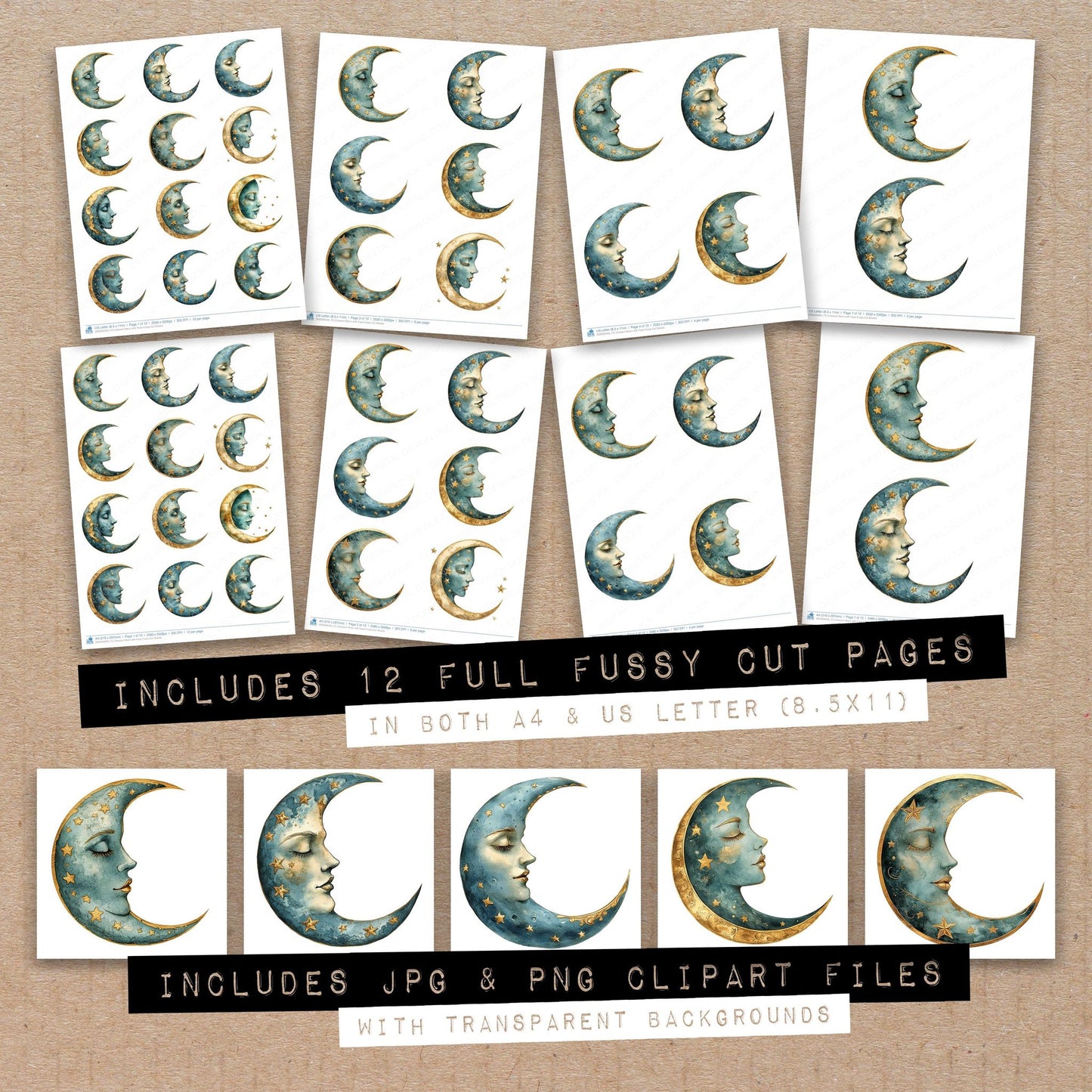 Full collection view of Crescent Moon with Face fussy cut sheets with bonus clipart JPG and PNG files