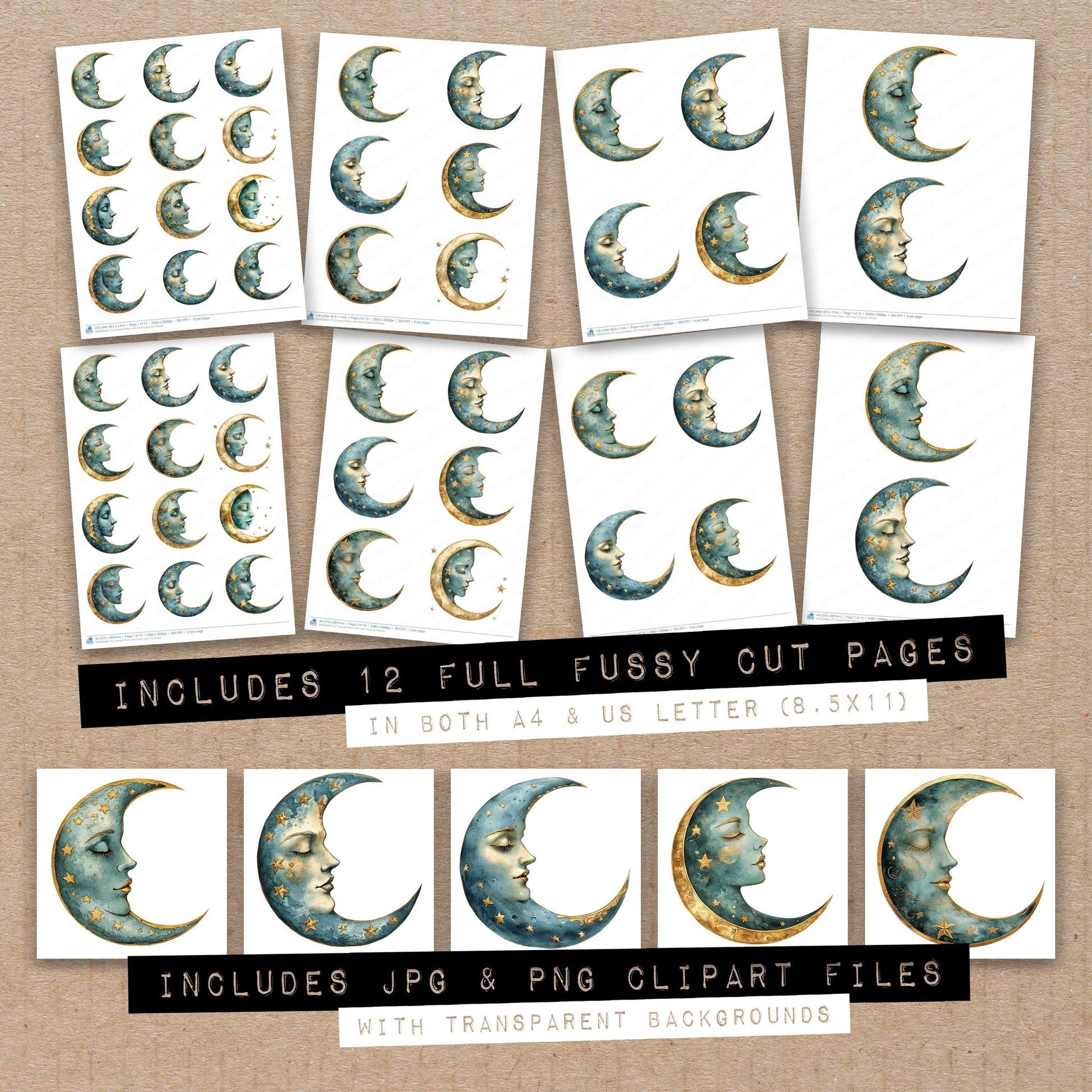 Full collection view of Crescent Moon with Face fussy cut sheets with bonus clipart JPG and PNG files