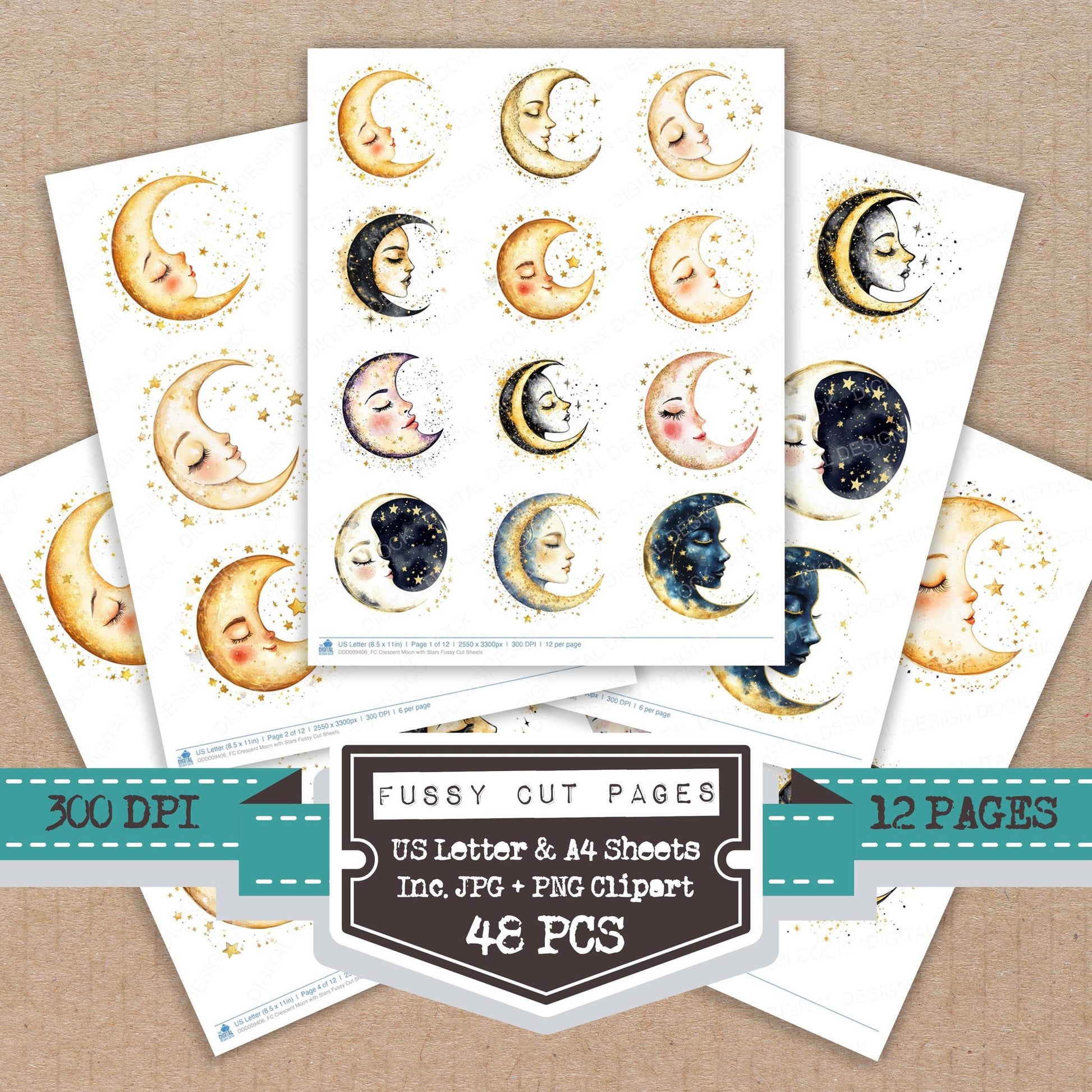 Crescent Moon with Stars fussy cut printable sheets for junk journaling, scrapbooking, and paper craft projects